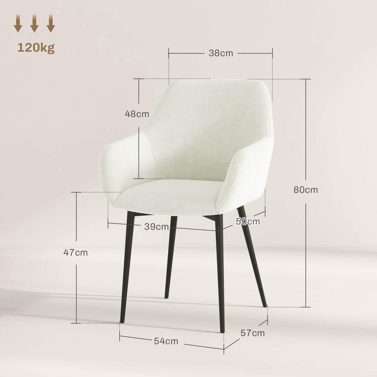 easycomfort easycomfort set 2 sedie da pranzo nordiche imbottite con braccioli ricurvi in tessuto effetto velluto 54x57x80 cm crema