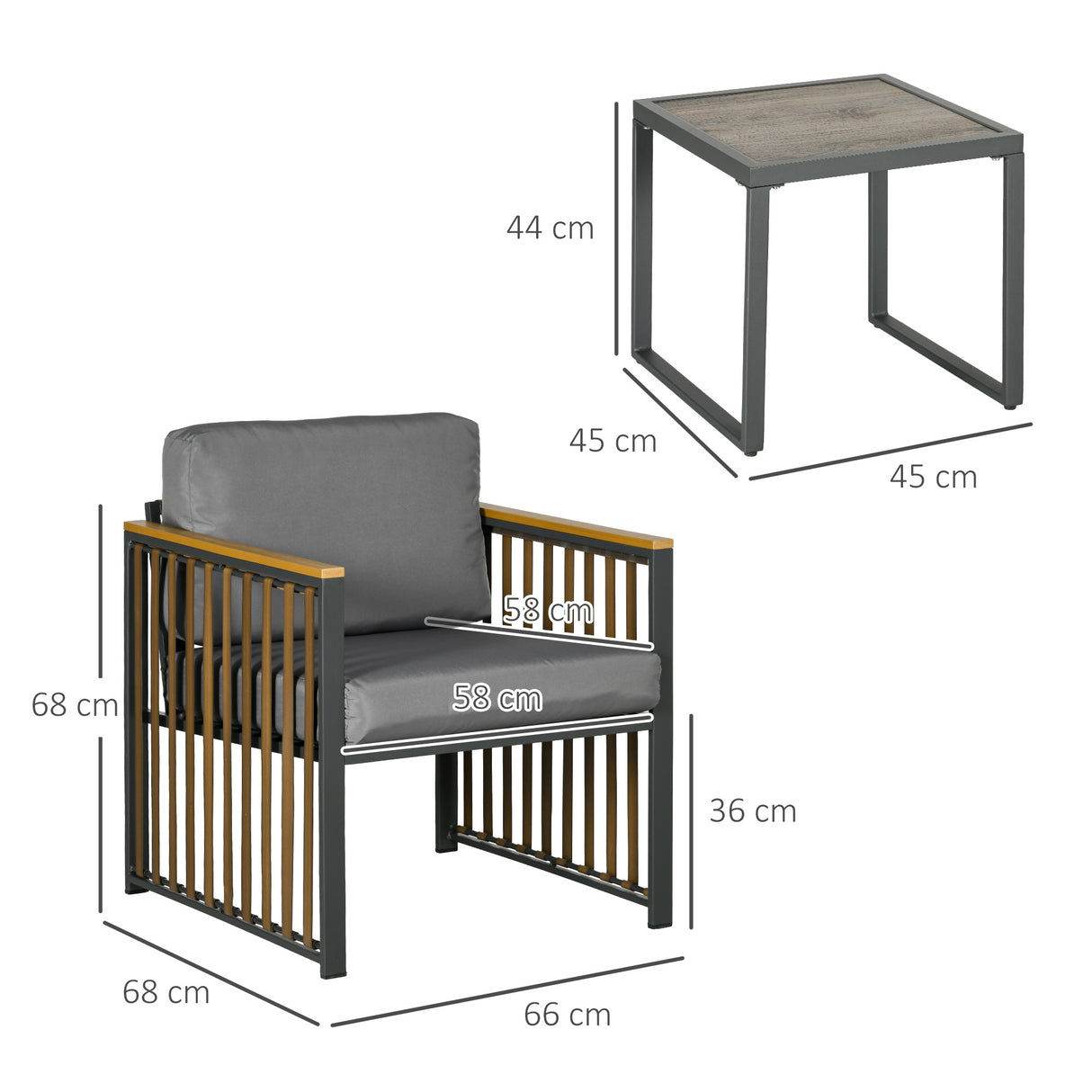 easycomfort easycomfort set da giardino 3 pezzi in rattan e acciaio con 2 sedie 66x68x68 cm e tavolino da caffe 45x45x44 cm