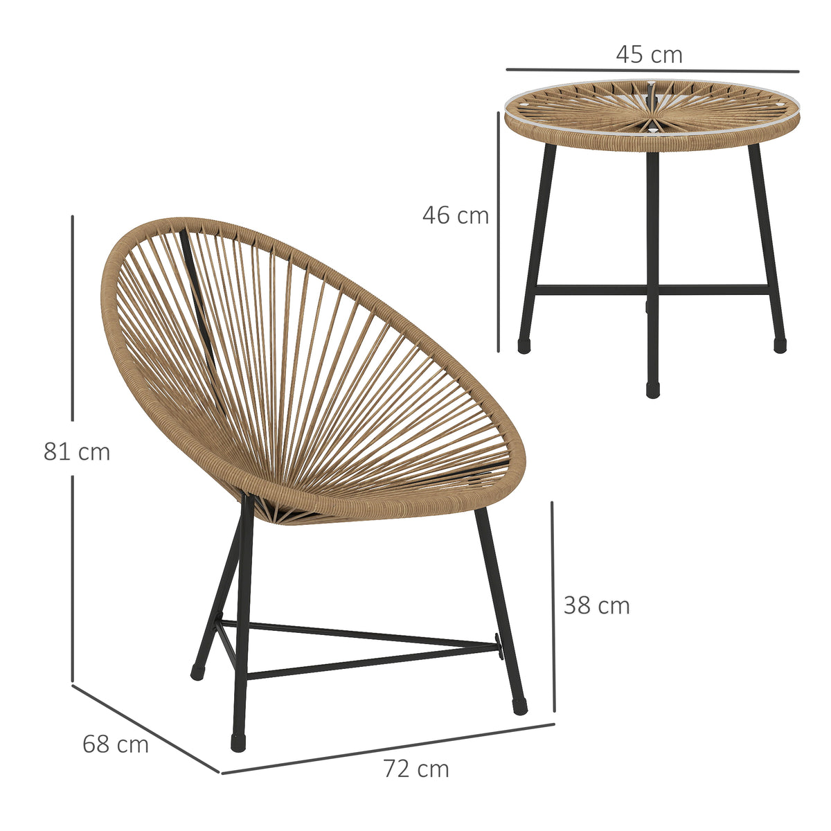 easycomfort easycomfort set da giardino 3 pezzi in rattan pe e acciaio con 2 sedie ovali e tavolino da caffe nero e color legno