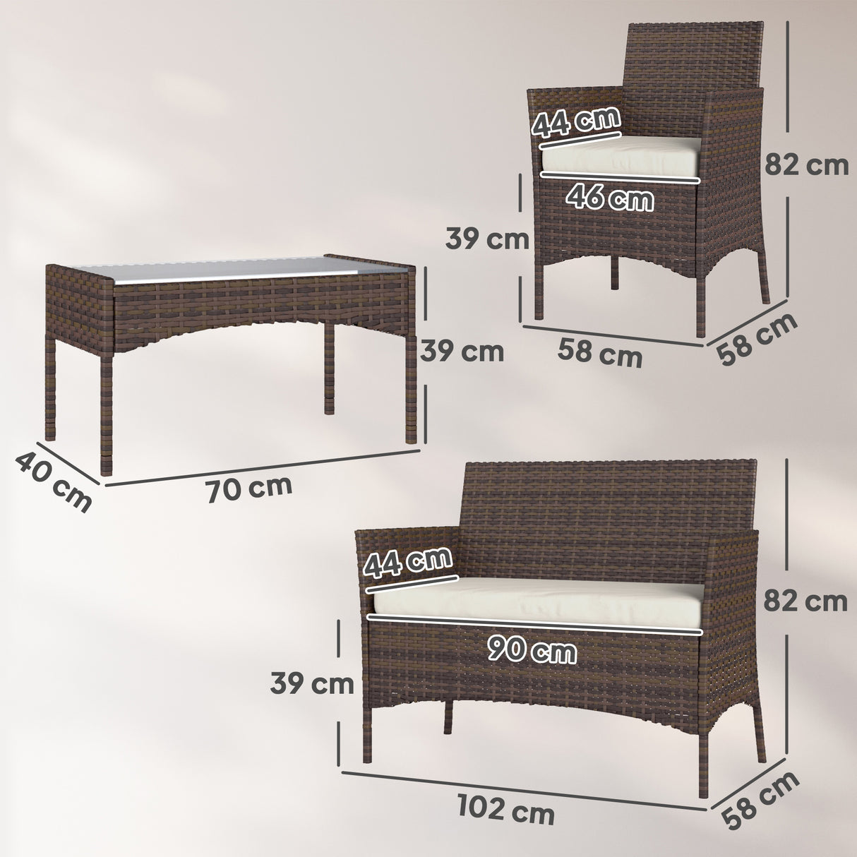 easycomfort easycomfort set da giardino 4 pezzi con divano 2 posti 2 sedie e tavolino basso in rattan e acciaio beige e marrone
