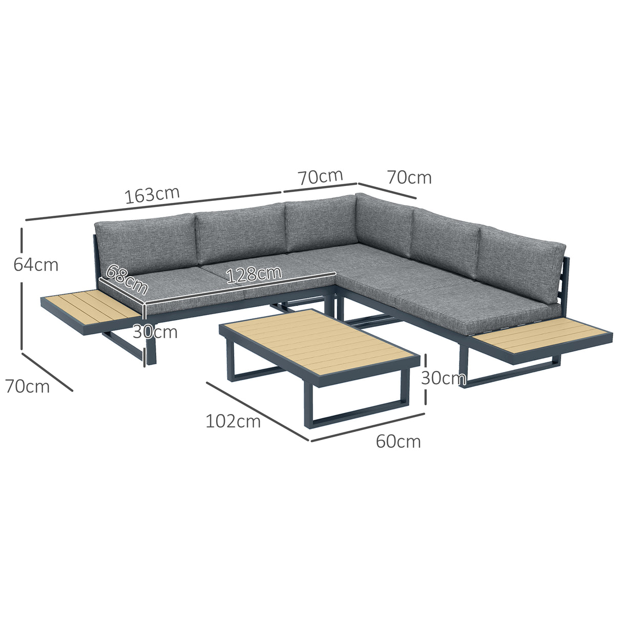 easycomfort easycomfort set da giardino 4 pezzi in alluminio con 2 divanetti poltrona angolare e tavolino da caffe grigio e teak