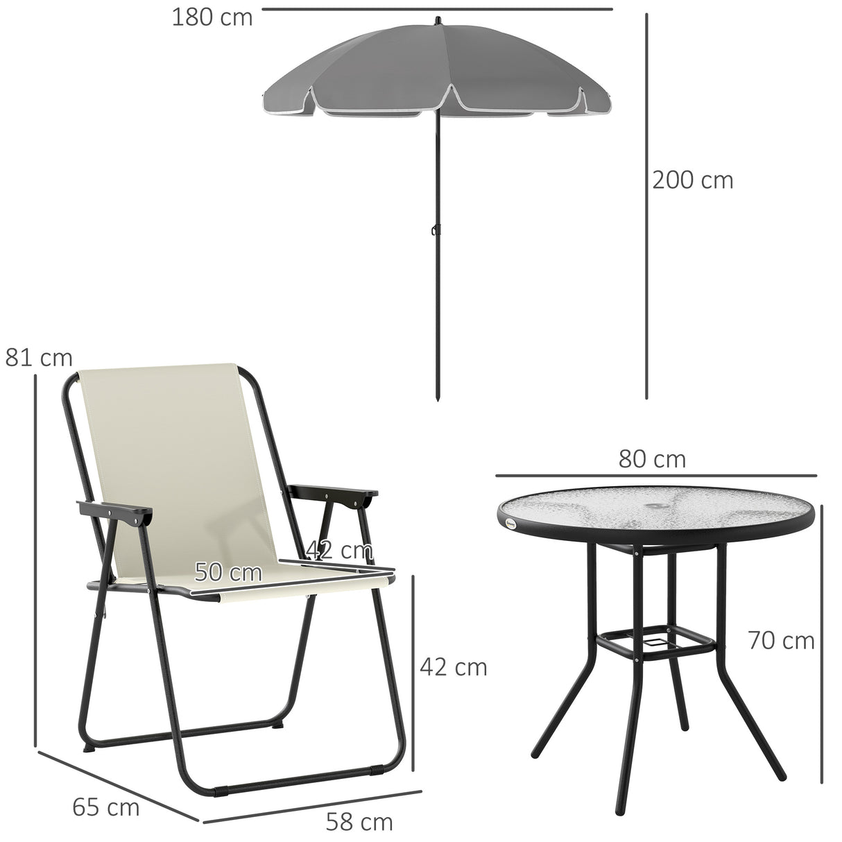easycomfort easycomfort set da giardino 6 pezzi in acciaio con 4 sedie pieghevoli ombrellone e tavolo rotondo crema grigio e nero