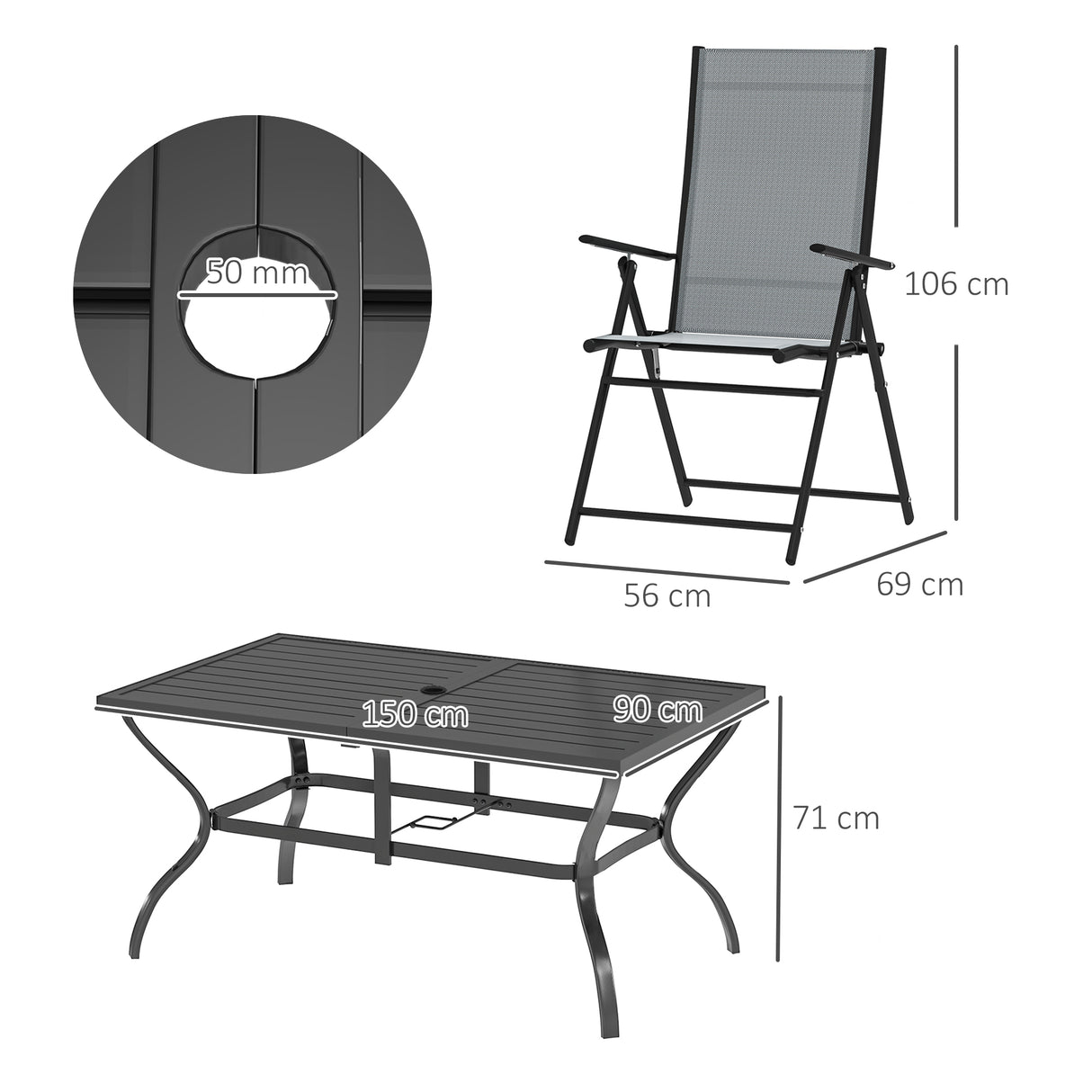 easycomfort easycomfort set da giardino 7 pezzi con tavolo da pranzo con foro per ombrellone e 6 sedie pieghevoli grigio