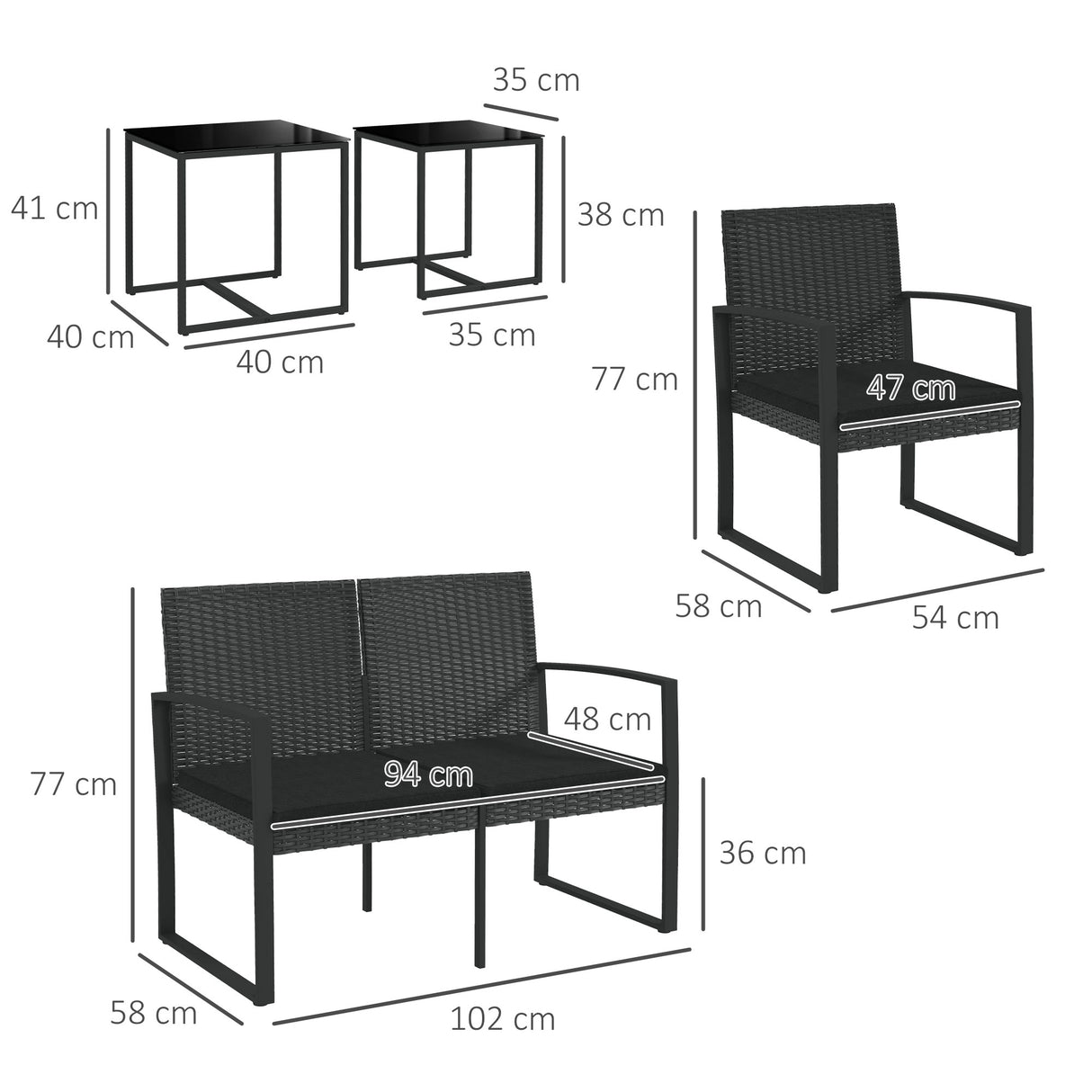 easycomfort easycomfort set da giardino con 2 sedie divanetto e 2 tavolini con cuscini e piano in vetro nero