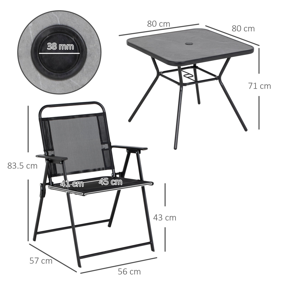 easycomfort easycomfort set da giardino con 4 sedie pieghevoli con braccioli e tavolo con foro per ombrellone nero
