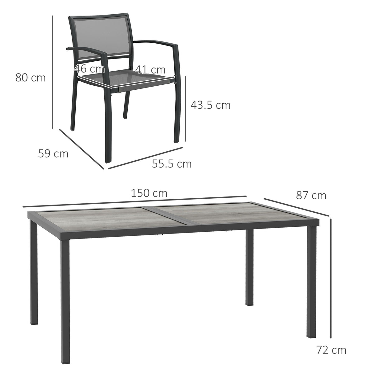easycomfort easycomfort set da giardino con 6 sedie impilabili in tessuto a rete e tavolo effetto legno grigio