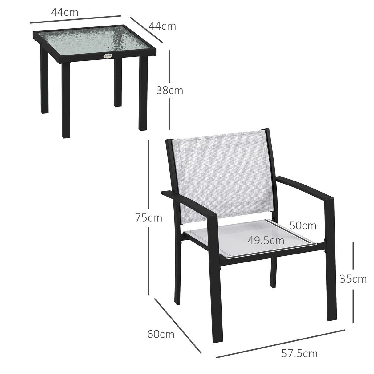 easycomfort easycomfort set da giardino con tavolino in vetro e 2 sedie impilabili in tessuto a rete grigio chiaro