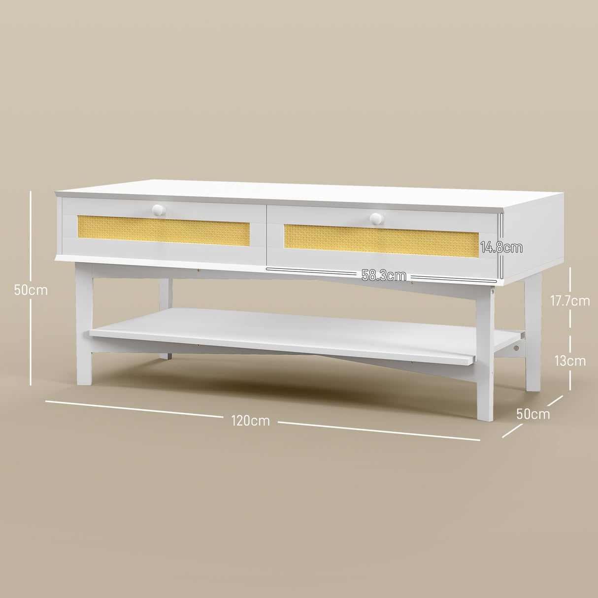 easycomfort easycomfort tavolino da caffe boho con 2 cassetti e ripiano in rattan e truciolato 120x50x50 cm bianco e color legno