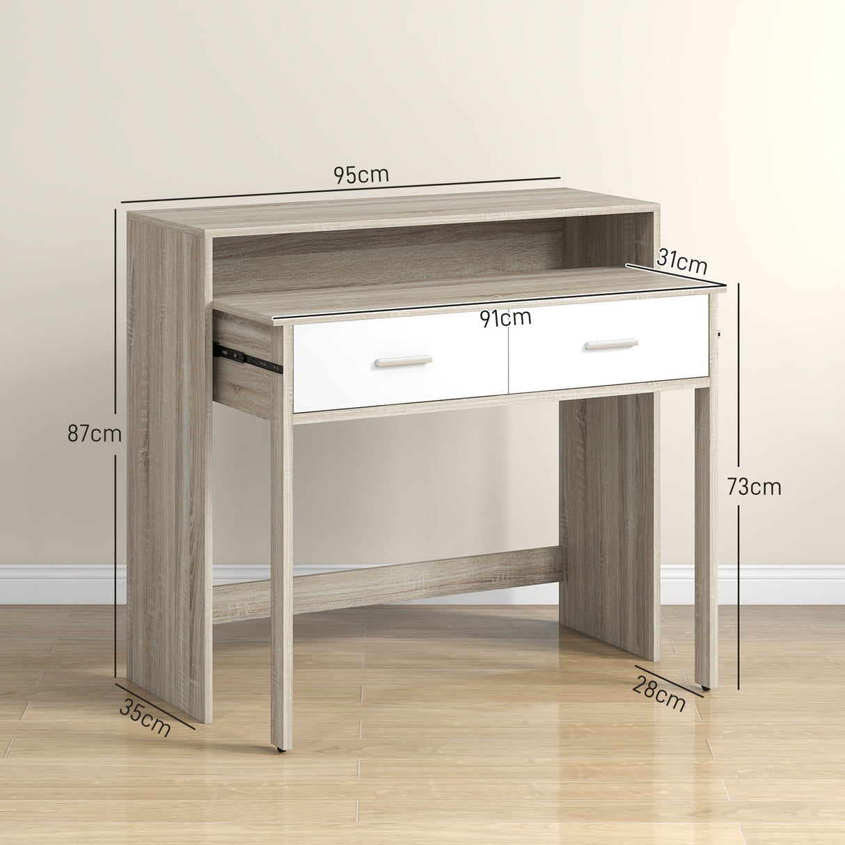 easycomfort easycomfort tavolo consolle a 2 livelli con piano estraibile e 2 cassetti in legno 95x35x87cm rovere