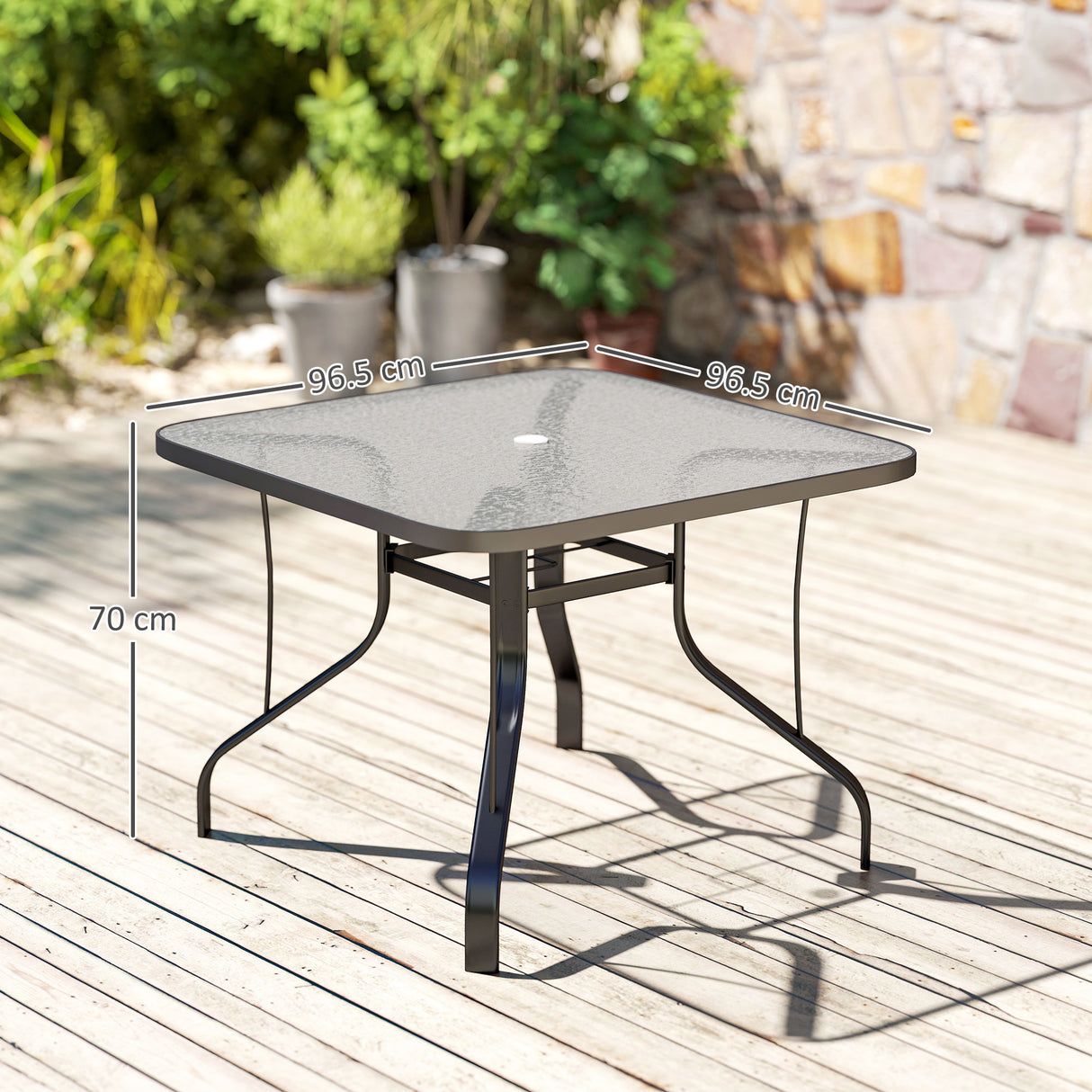 easycomfort easycomfort tavolo da giardino quadrato a 4 posti con piano in vetro e foro per ombrellone 54 mm nero