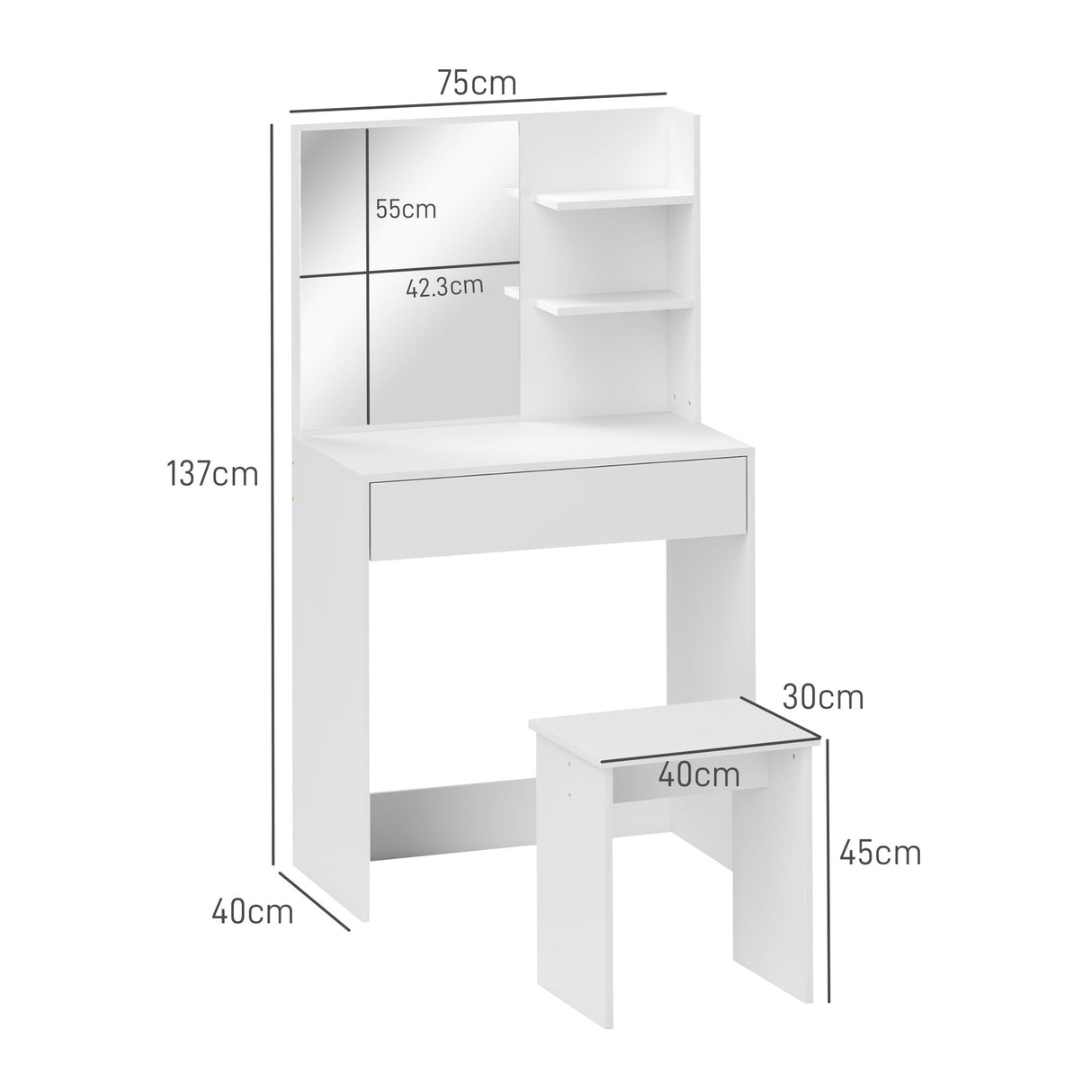 easycomfort easycomfort tavolo da trucco a 3 ripiani e cassetti con specchio e sgabello in truciolato 75x40x137 cm bianco