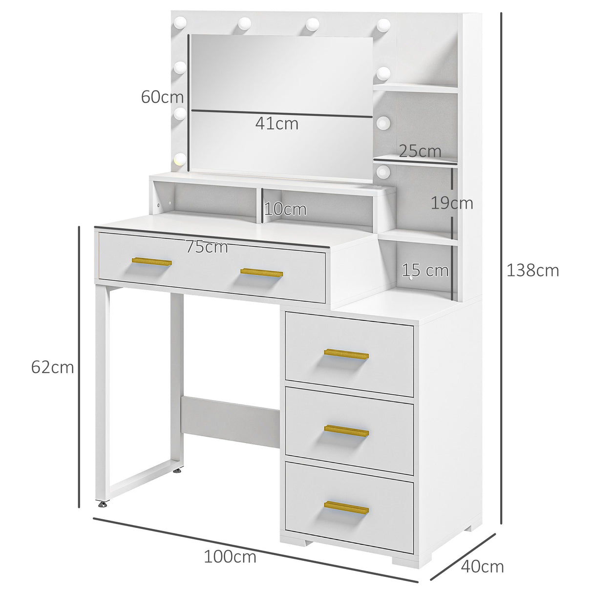 easycomfort easycomfort tavolo da trucco in legno con 4 cassetti 6 ripiani aperti e specchio 100x40x138 cm bianco