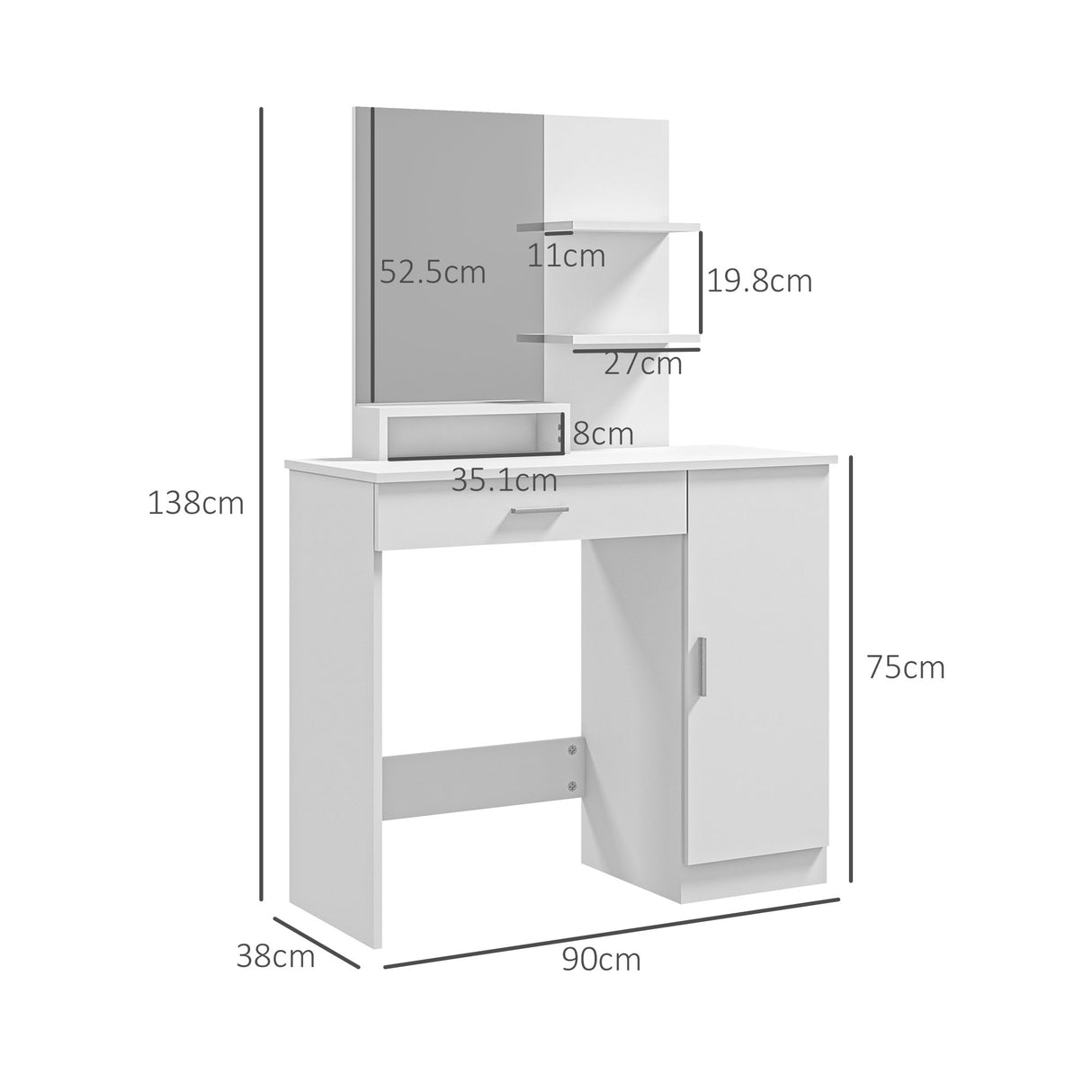 easycomfort easycomfort tavolo per trucco in truciolato con mobiletto cassetto ripiani aperti e specchio 90x38x138 cm bianco