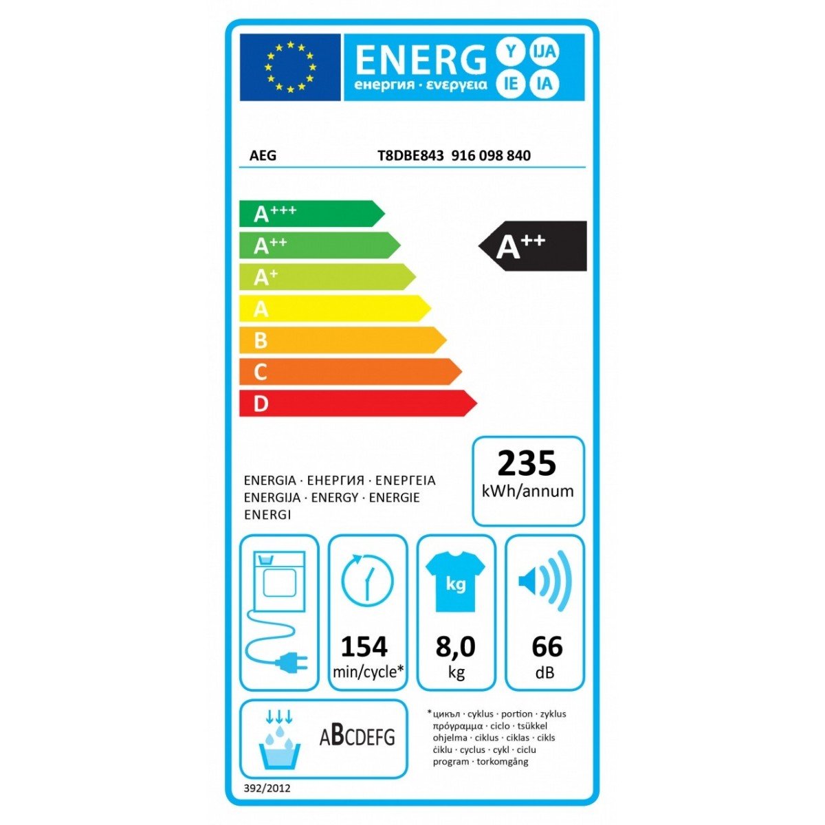 asciug t8dbe843 8kg a__ 900w bianco