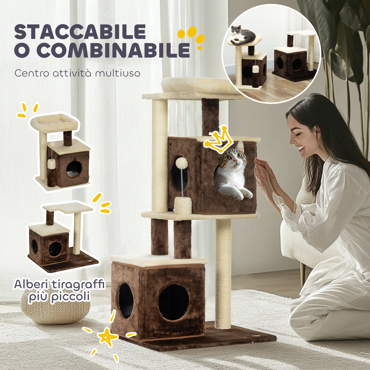 easycomfort easycomfort albero tiragraffi per gatti con 2 casette lettino piattaforme di salto e pallina in legno 55x48x107 cm