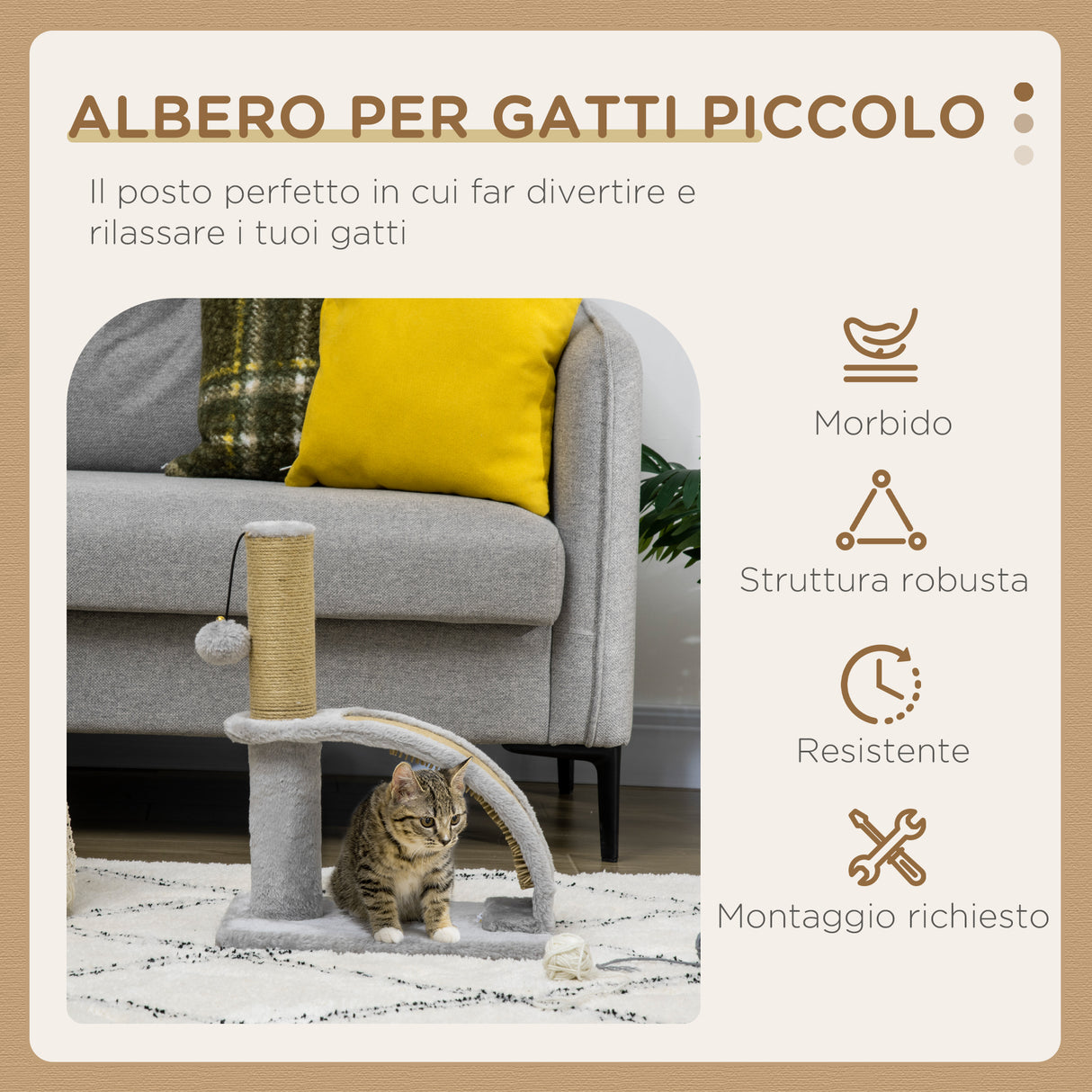 easycomfort easycomfort albero tiragraffi per gatti con arco massaggiatore palo in iuta e pallina in peluche 34x24x43 cm grigio