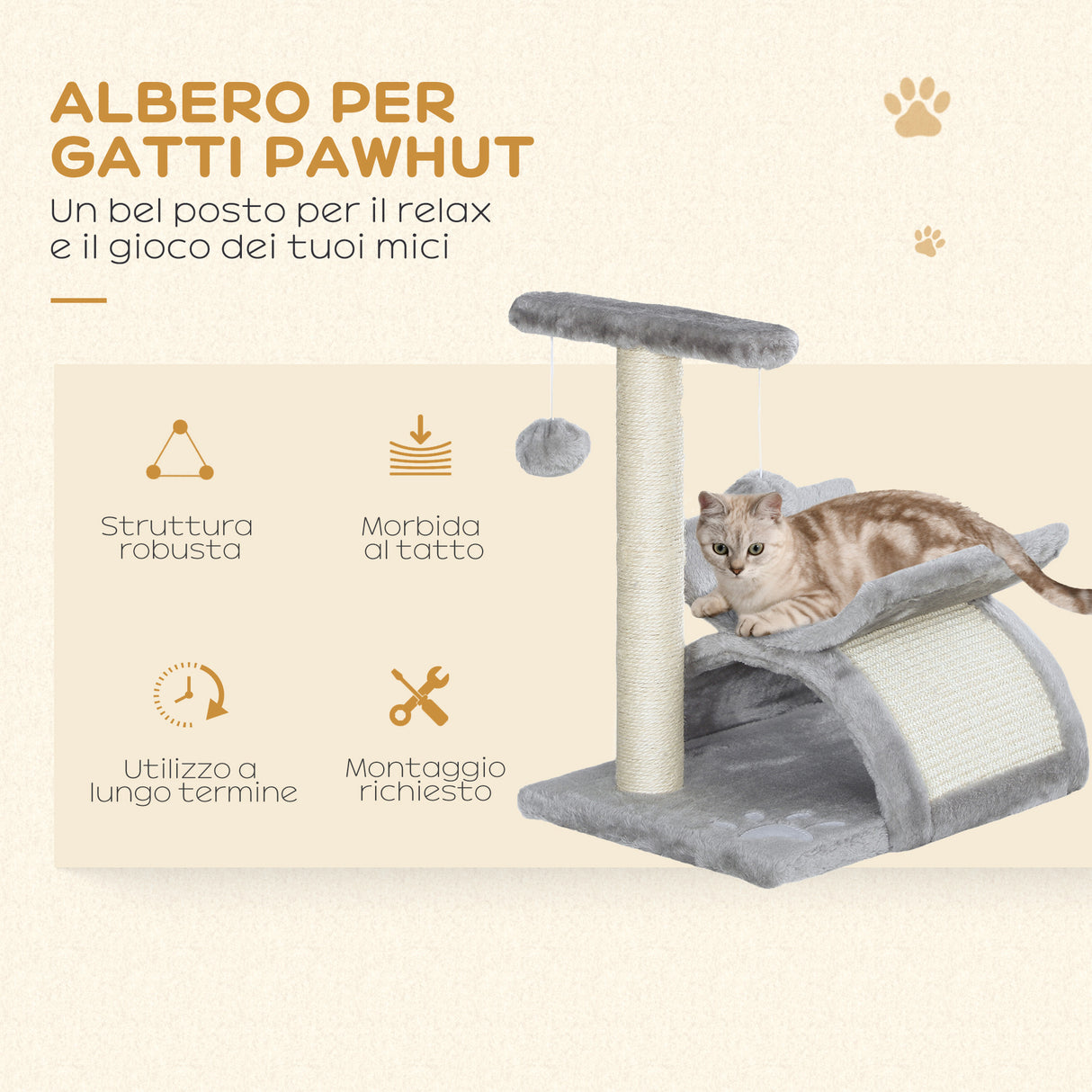 easycomfort easycomfort albero tiragraffi per gatti in peluche con palo in sisal cuccia e 2 palline 40x30x43cm grigio