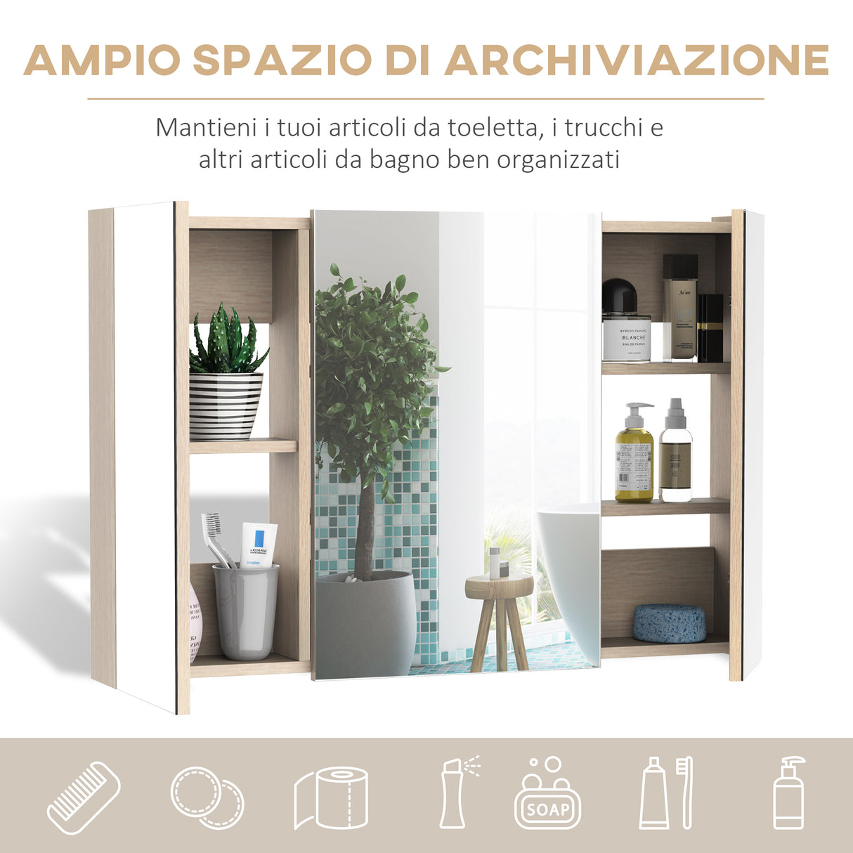 easycomfort easycomfort armadietto pensile da bagno a parete con specchio a 3 ante e ripiani regolabili in legno 90x60x13 5cm ean 8054144132402