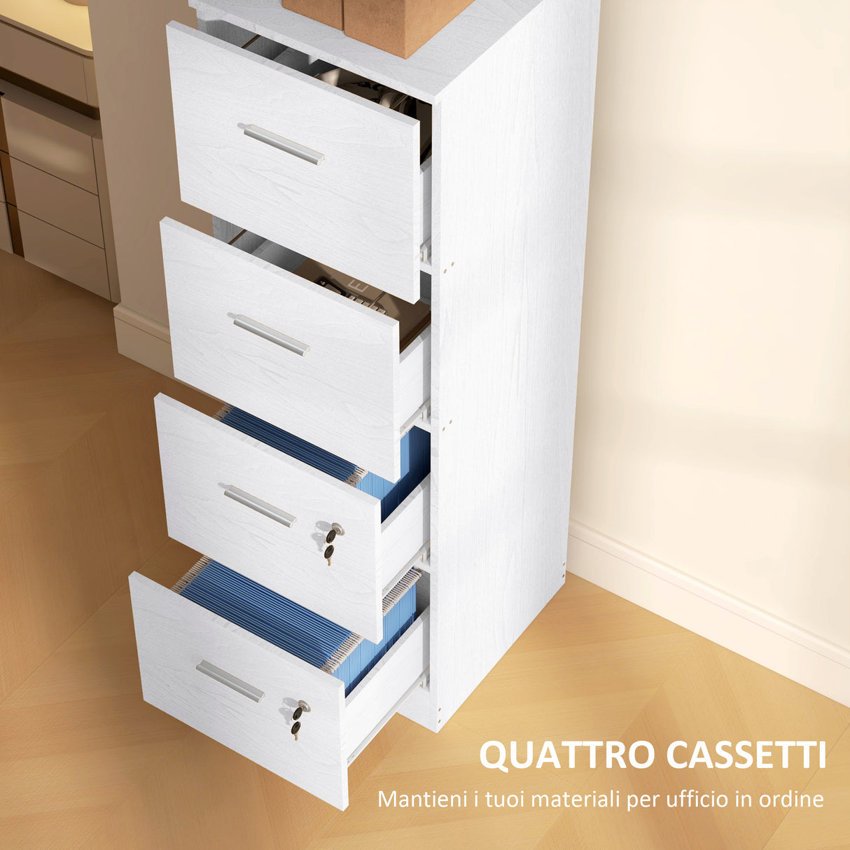 easycomfort easycomfort armadio per ufficio a 4 cassetti con 2 serrature e barra portadocumenti in legno 40x42x130 8 cm bianco