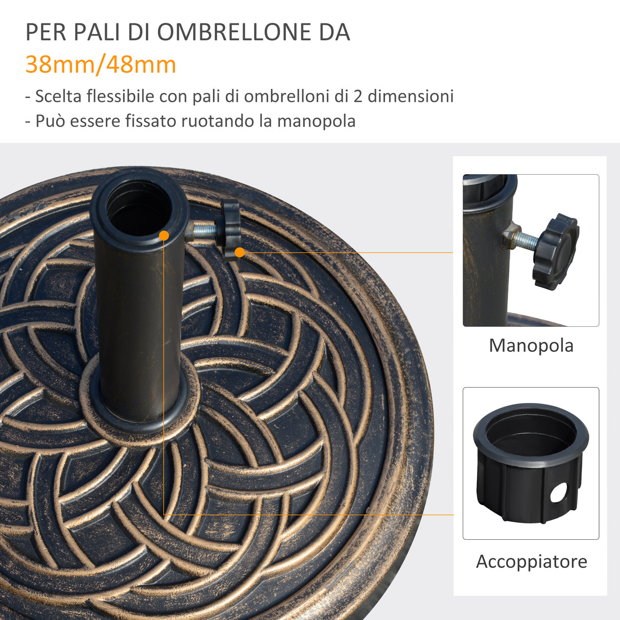 easycomfort easycomfort base per ombrellone rotonda da 12kg in resina con decorazione per pali da 38mm e 48mm 45x33cm bronzo