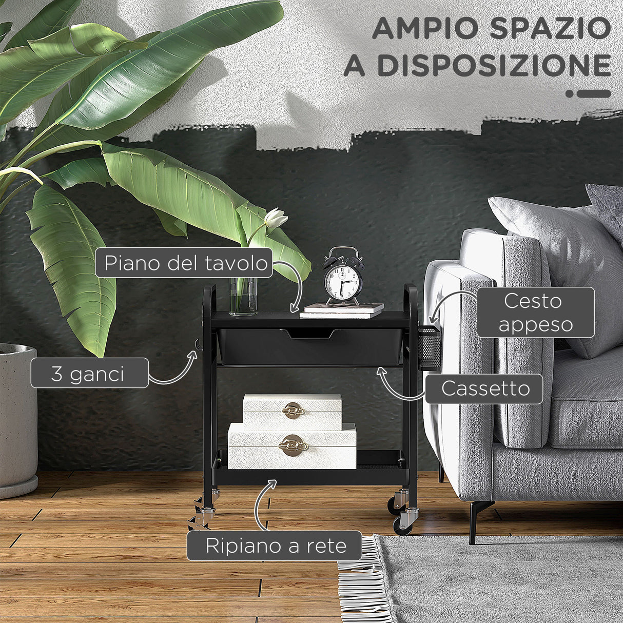 easycomfort easycomfort carrello da cucina con cesto cassetto estraibile e 3 ganci in pp e metallo 61x32 6x58 5 cm nero