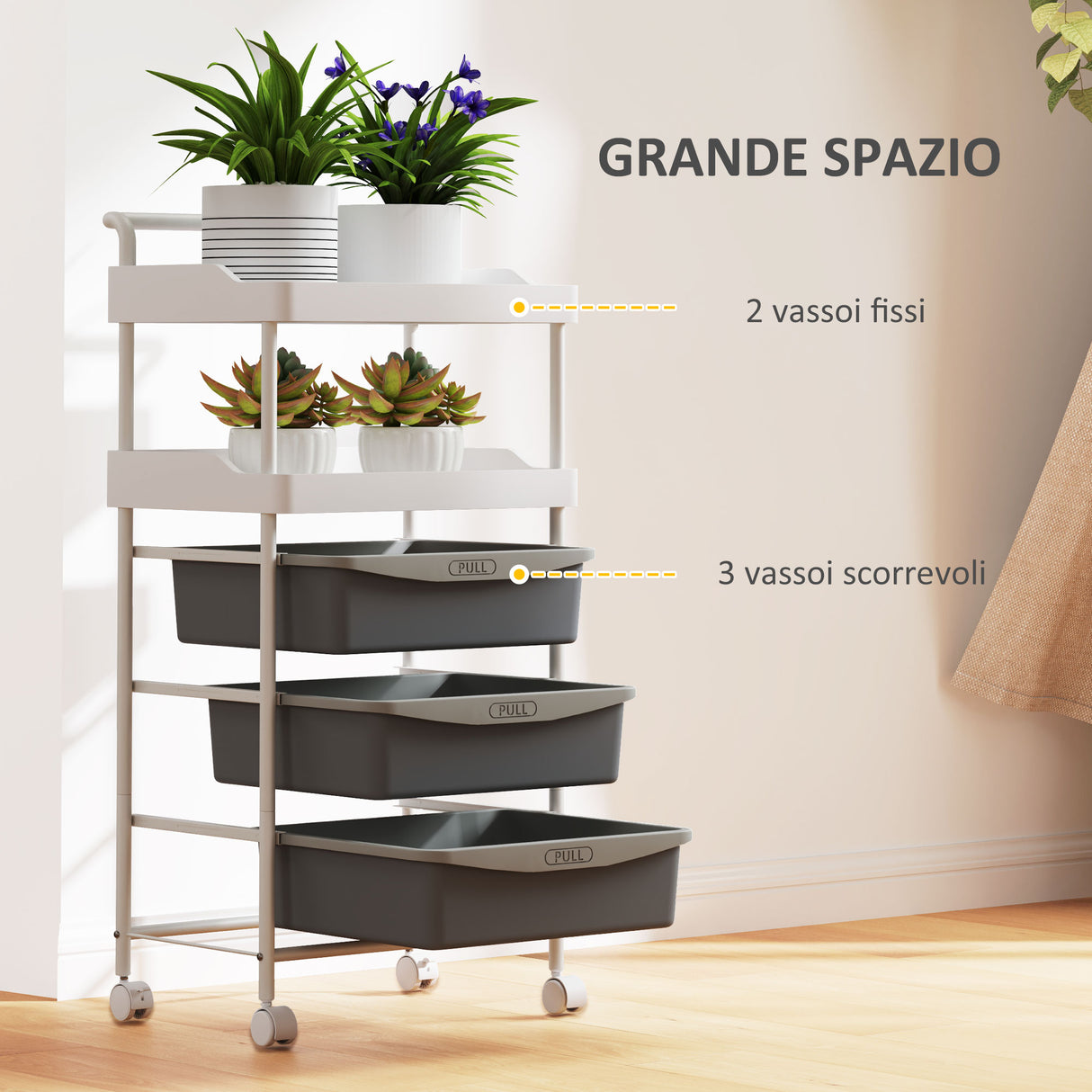 easycomfort easycomfort carrello portaoggetti con 2 vassoi fissi e 3 vassoi scorrevoli in acciaio e pp 40x34x85 cm bianco e grigio
