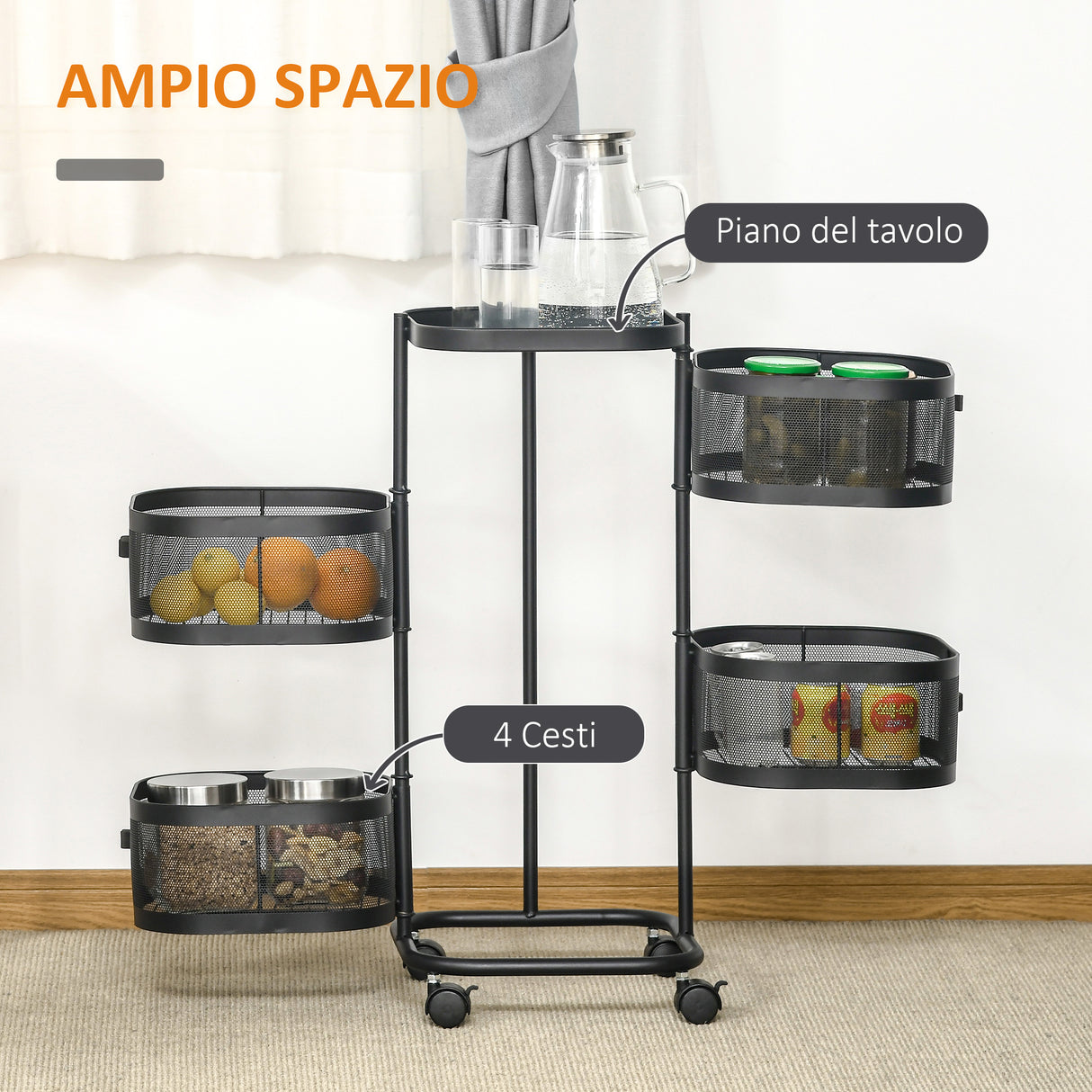 easycomfort easycomfort carrello portavivande con 4 cestelli piano dappoggio e ruote in acciaio e pp 33x33x77 cm