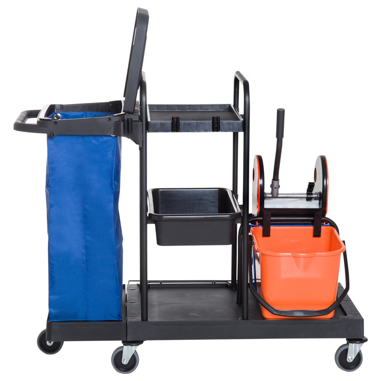 easycomfort easycomfort carrello pulizie professionale a 3 ripiani con sacco per immondizia ganci per scopa secchio lavapavimenti con strizzatore per mocio e 5 ruote per hotel e albergo 111x63 3x103 cm nero ean 8055776915616