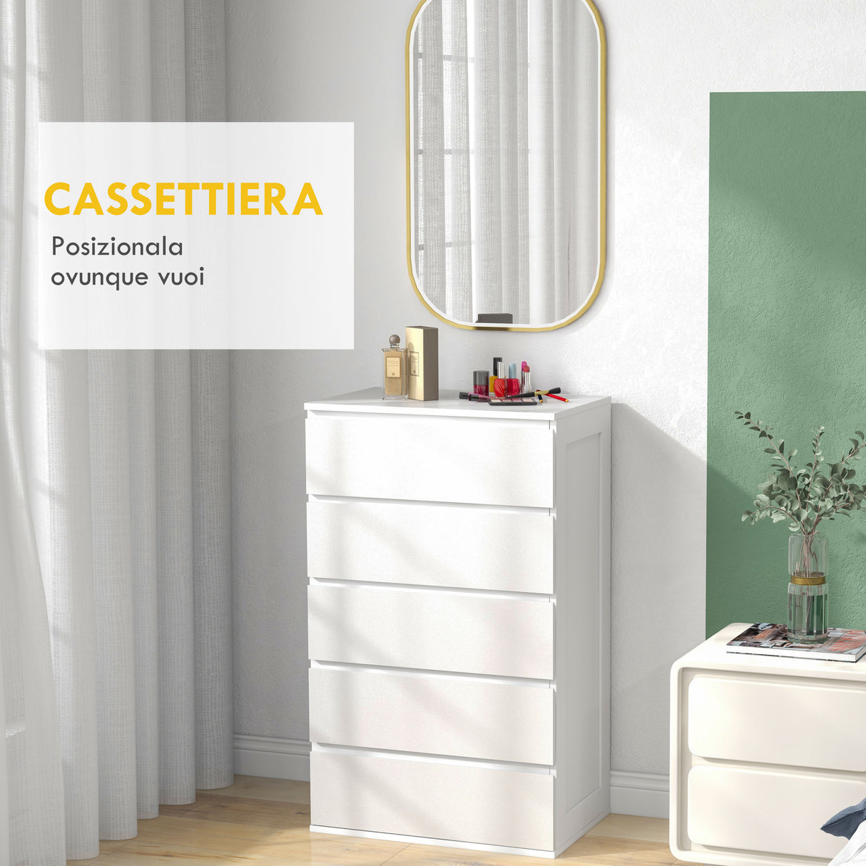 easycomfort easycomfort cassettiera 5 cassetti in legno con maniglie scanalate 60x38x100cm bianco