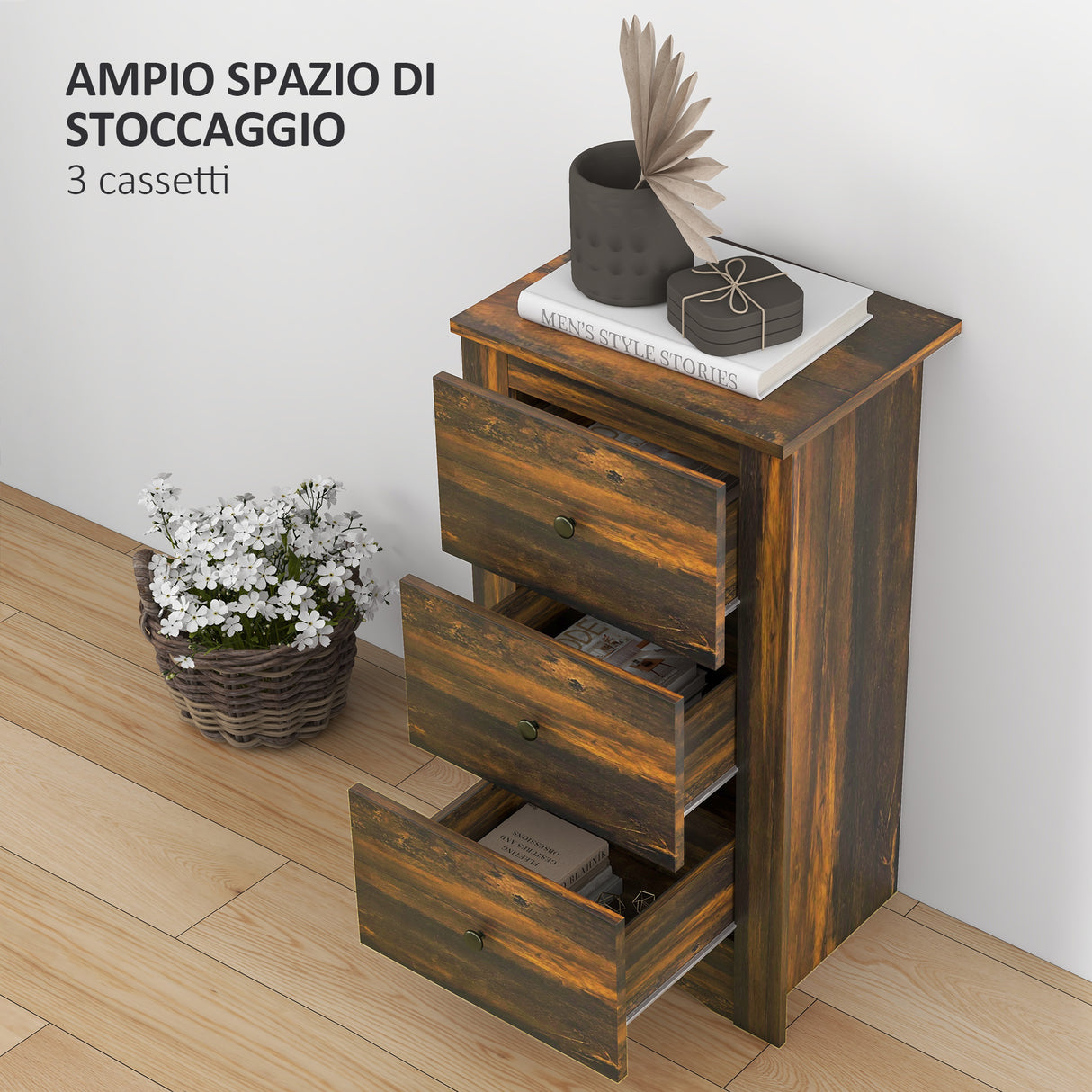 easycomfort easycomfort comodino con 3 cassetti dallo stile rustico in legno 40x30x74 cm marrone