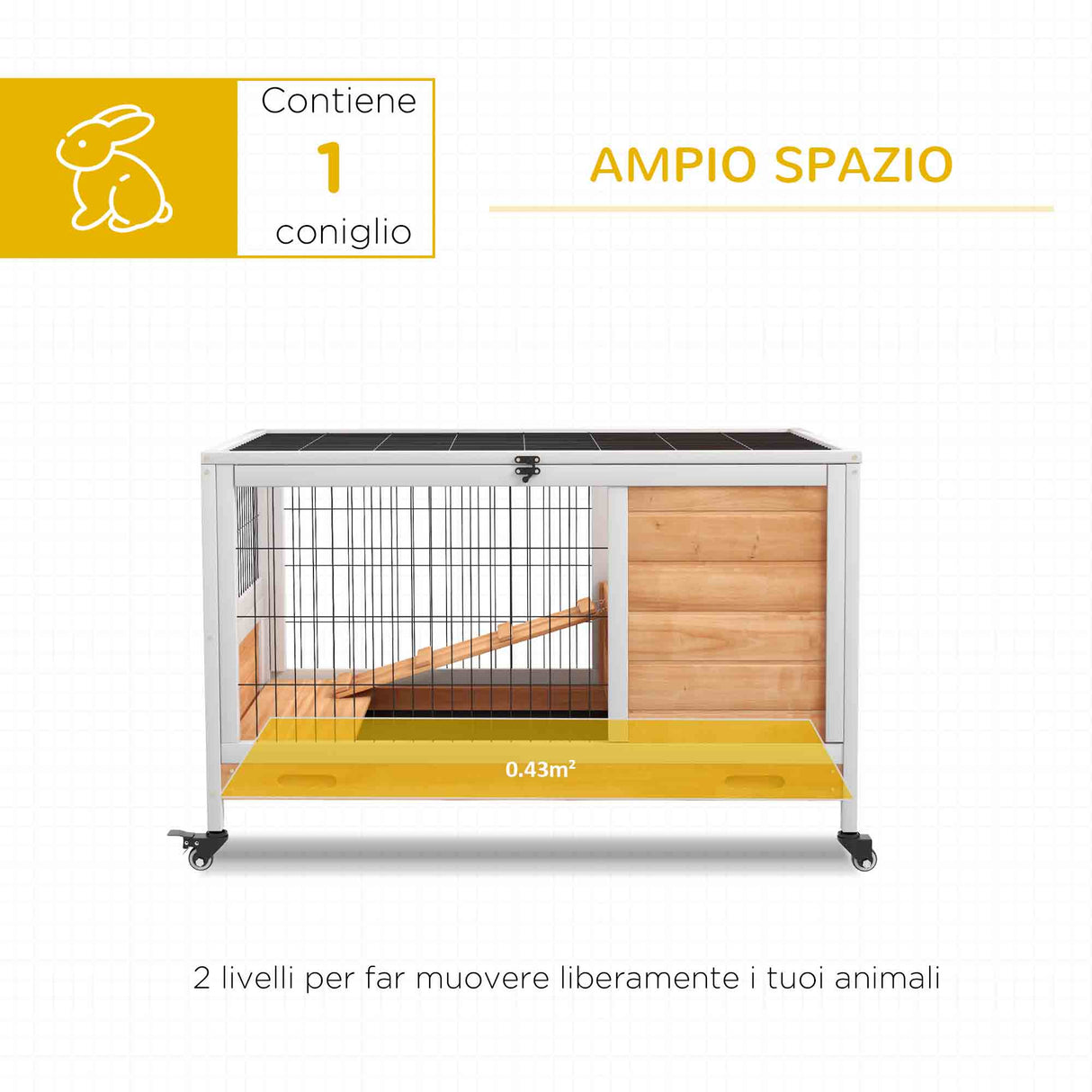 easycomfort easycomfort conigliera in legno con 4 ruote casetta per conigli e rampa 90x53x59cm giallo