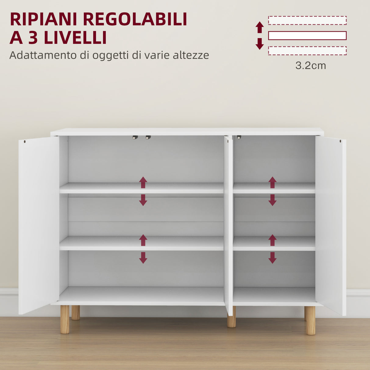 easycomfort easycomfort credenza moderna con 2 armadietti a 3 ripiani in legno 107x40x80 cm bianco