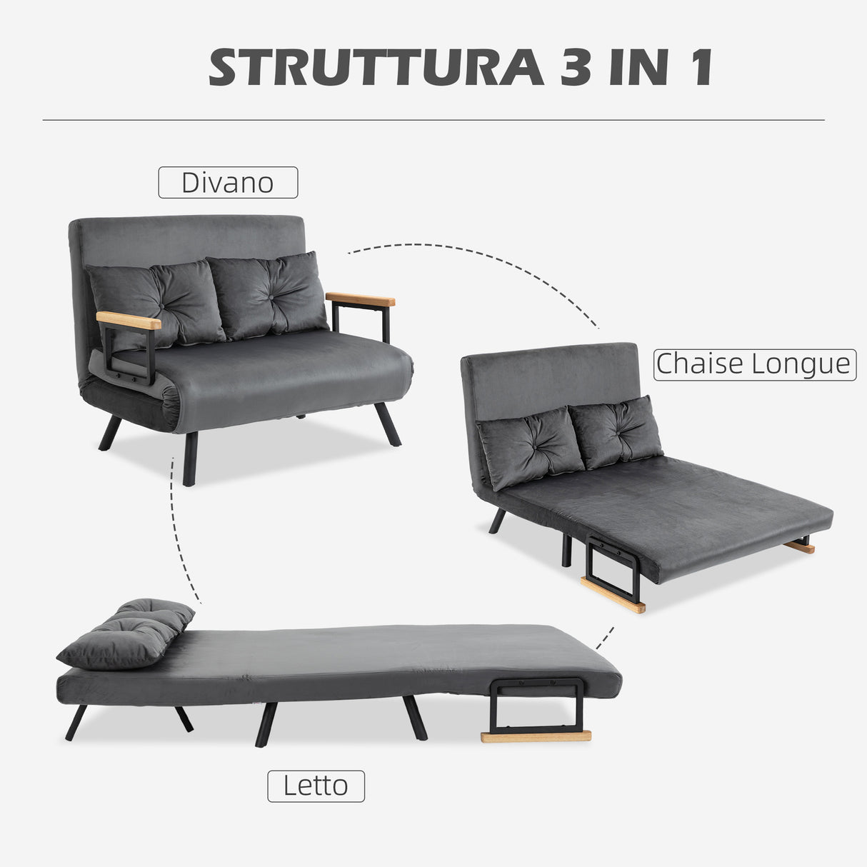 easycomfort easycomfort divano letto 3 in 1 in tessuto effetto velluto con schienale regolabile e 2 cuscini 102x73x81 cm grigio scuro