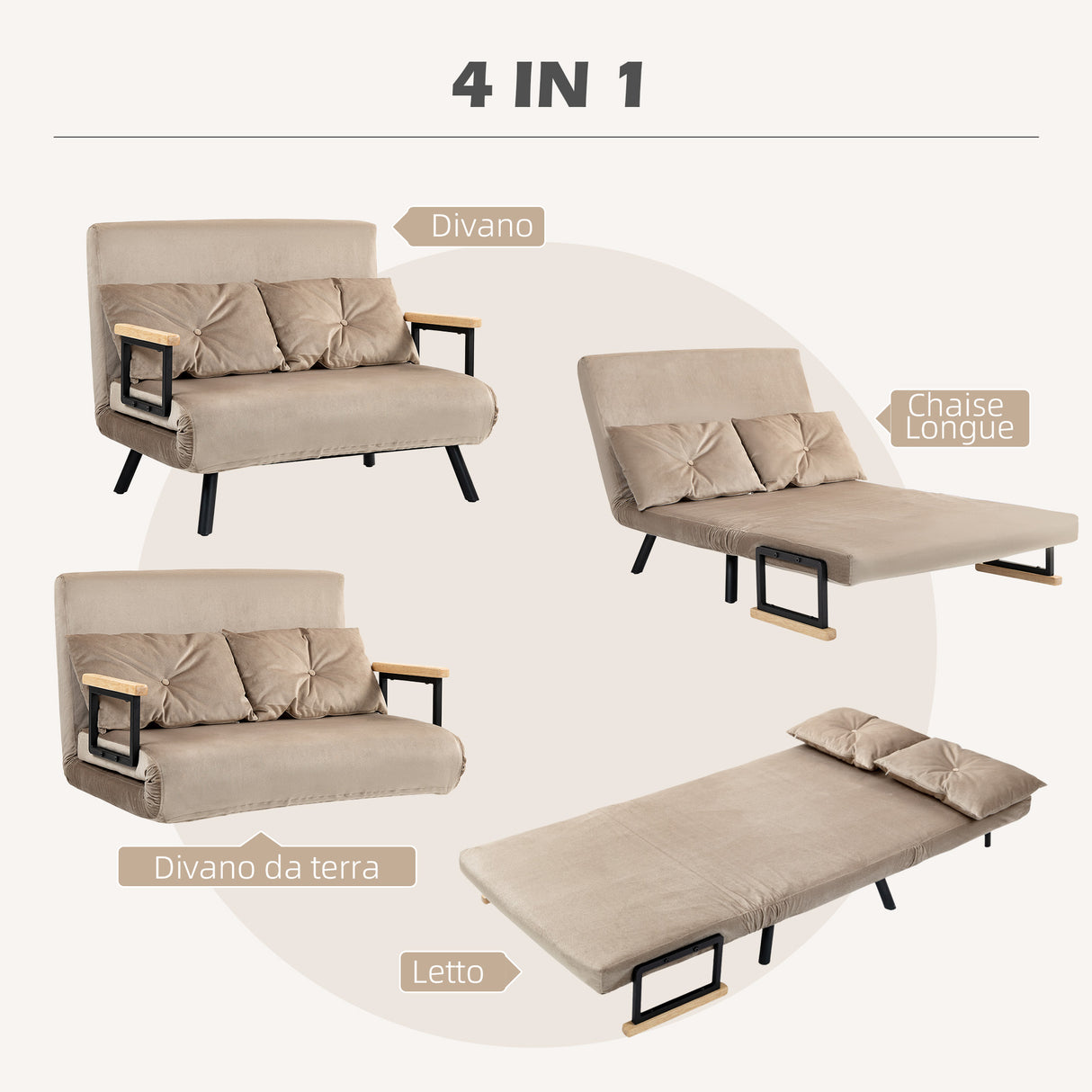easycomfort easycomfort divano letto 3 in 1 in tessuto effetto velluto con schienale regolabile e 2 cuscini 102x73x81 cm marrone chiaro