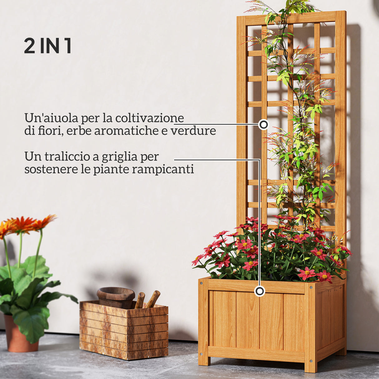 easycomfort easycomfort fioriera con traliccio per rampicanti con foro di drenaggio e fodera in legno 40x40x120 cm marrone