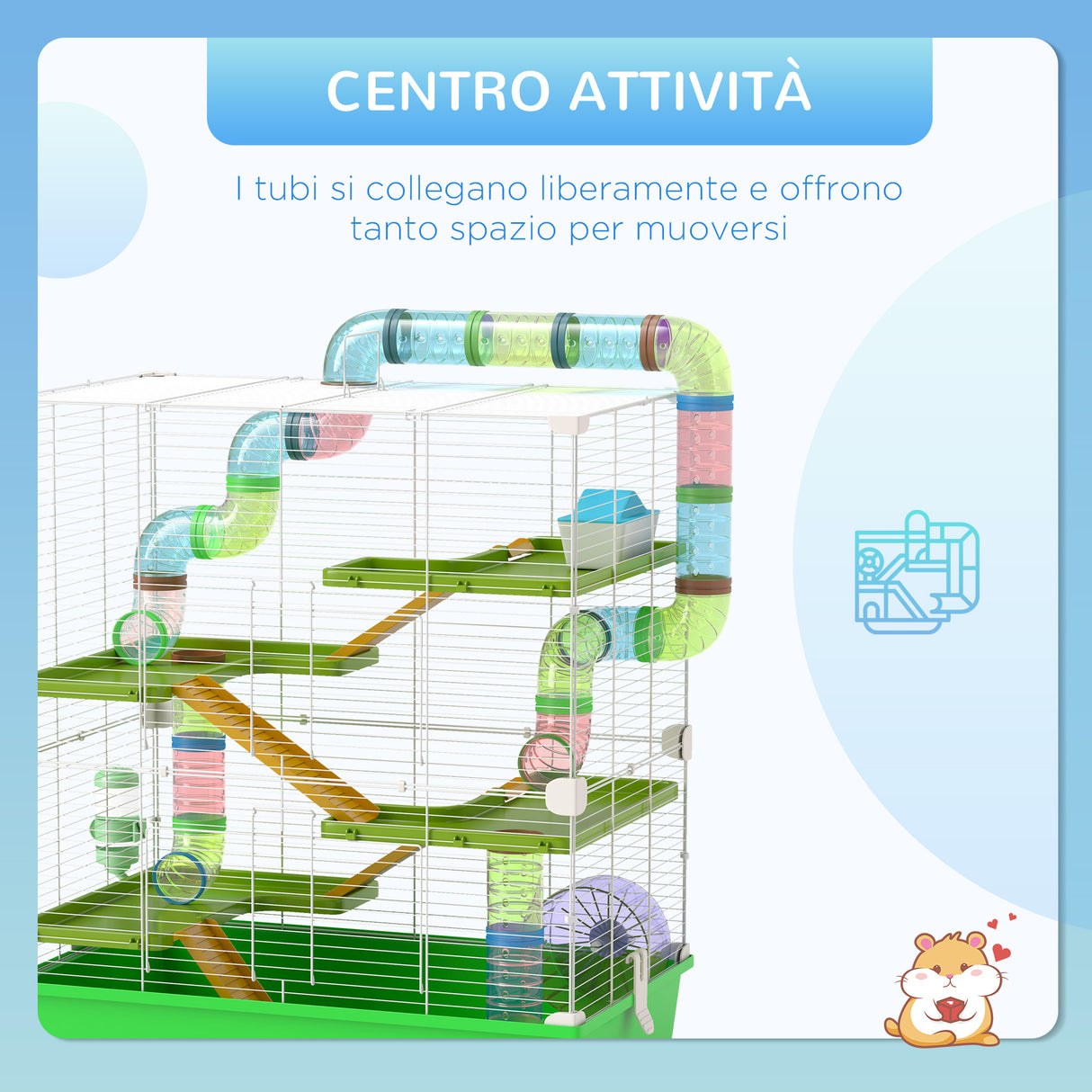 easycomfort easycomfort gabbia criceti a 5 livelli con tubi casetta serbatoio e ruota in acciaio pp e ps 59x36x69 cm verde e bianca