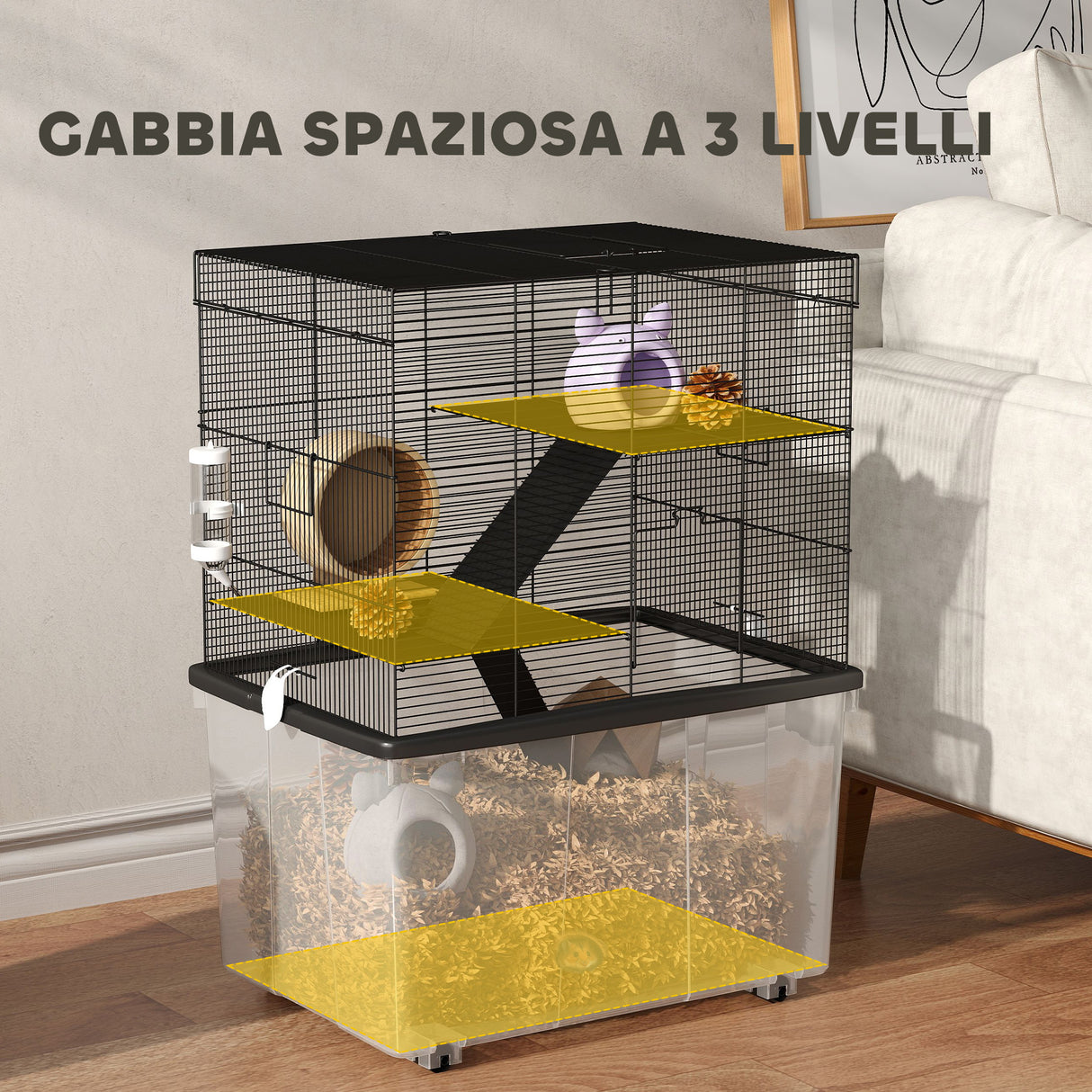 easycomfort easycomfort gabbia per criceti 3 piani con ruote 2 piattaforme rampe ciotola e bottiglia 58x43x74 cm nero