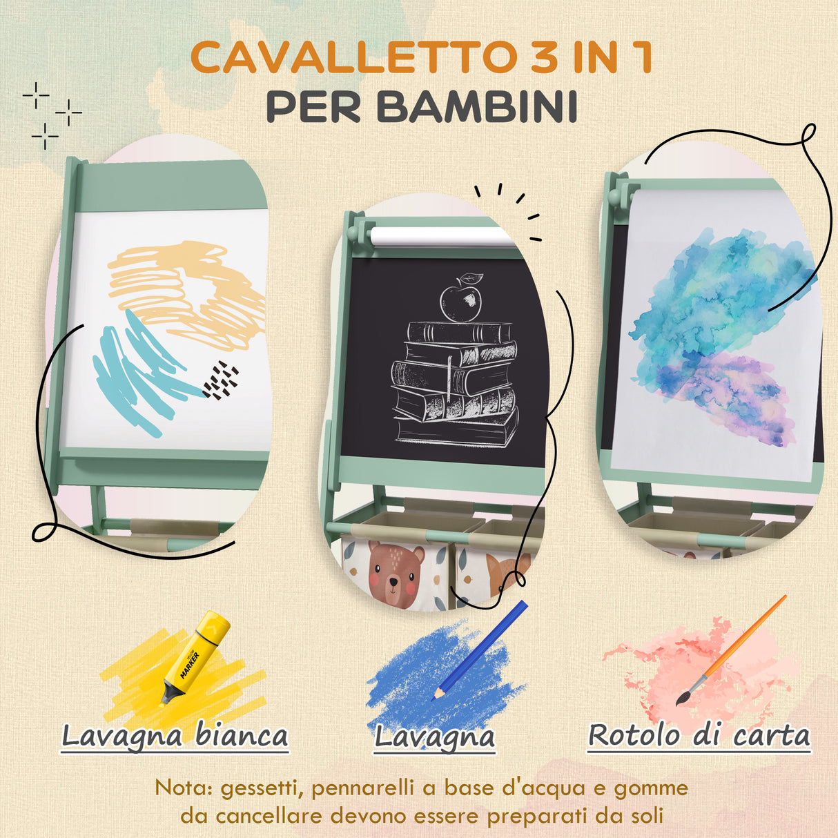 easycomfort easycomfort lavagna per bambini con cavalletto 3 in 1 e 2 contenitori eta 3 8 anni 54x46 5x93cm verde