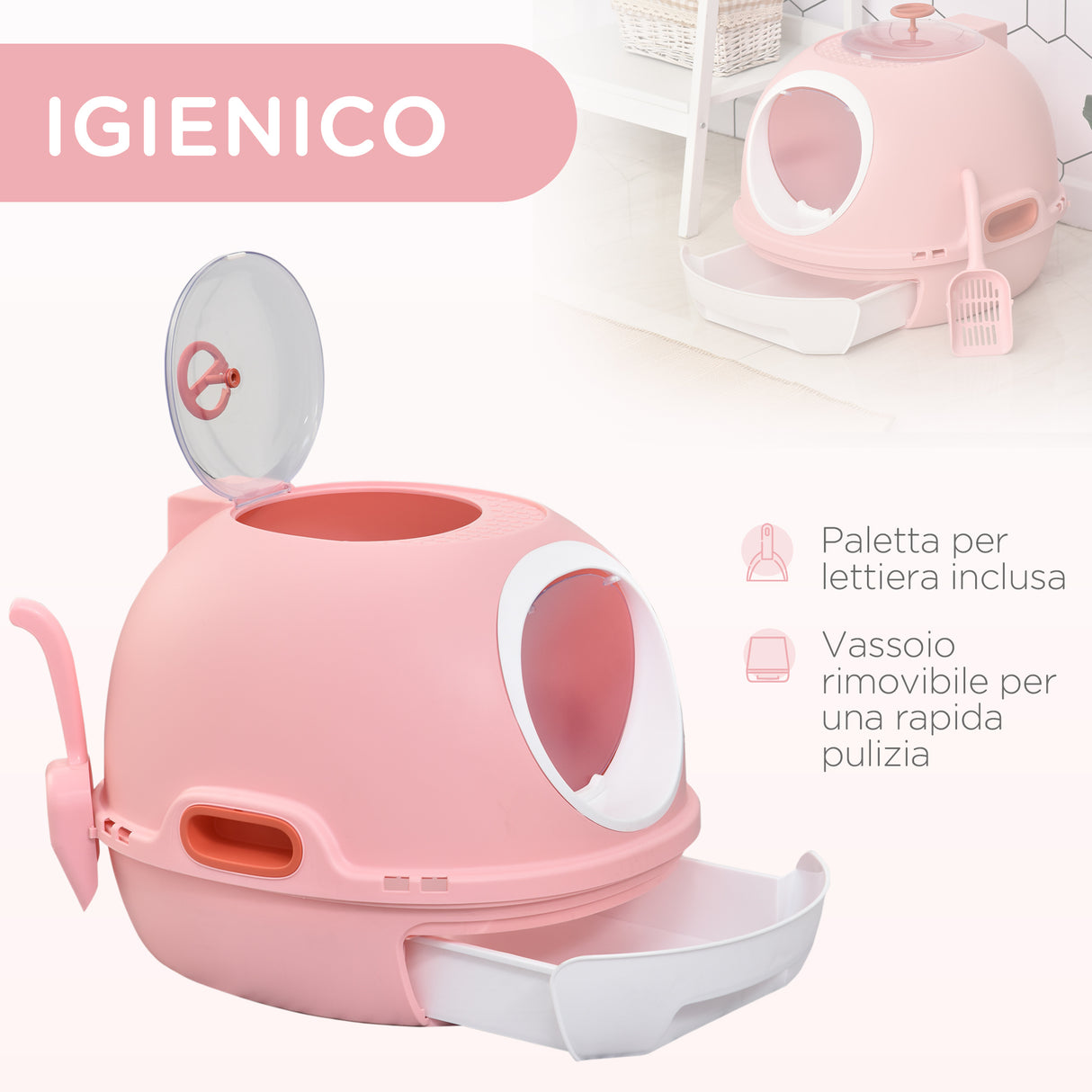 easycomfort easycomfort lettiera per gatti chiusa con vassoio estraibile 2 ingressi e paletta 47x55x44 cm rosa