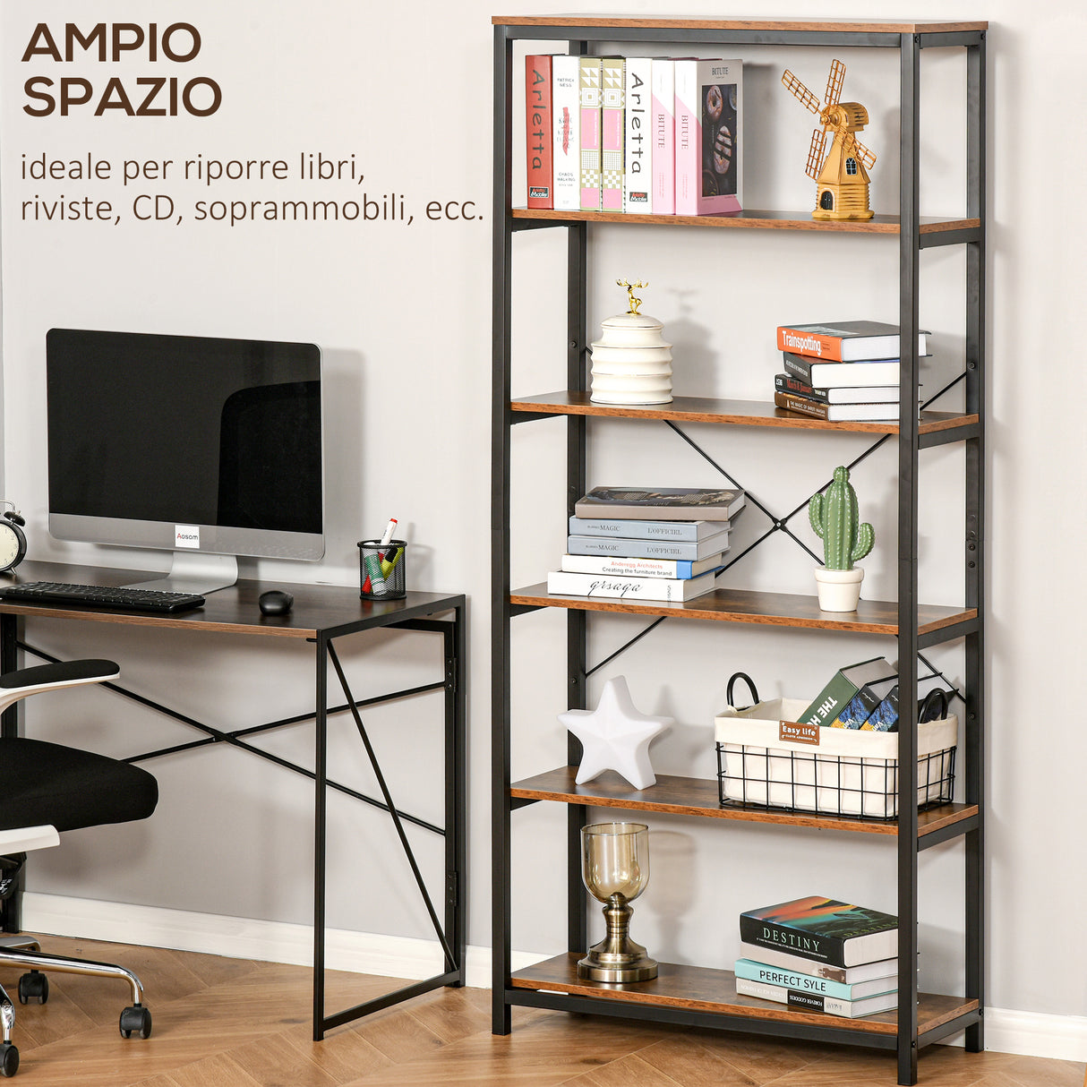 easycomfort easycomfort libreria verticale in stile industriale vintage scaffale salvaspazio con 6 mensole in legno e metallo nero 80x30x180cm ean 8054144131009