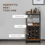easycomfort easycomfort mobile portabottiglie stile industriale con cantinetta vini per 9 bottiglie e portacalici marrone