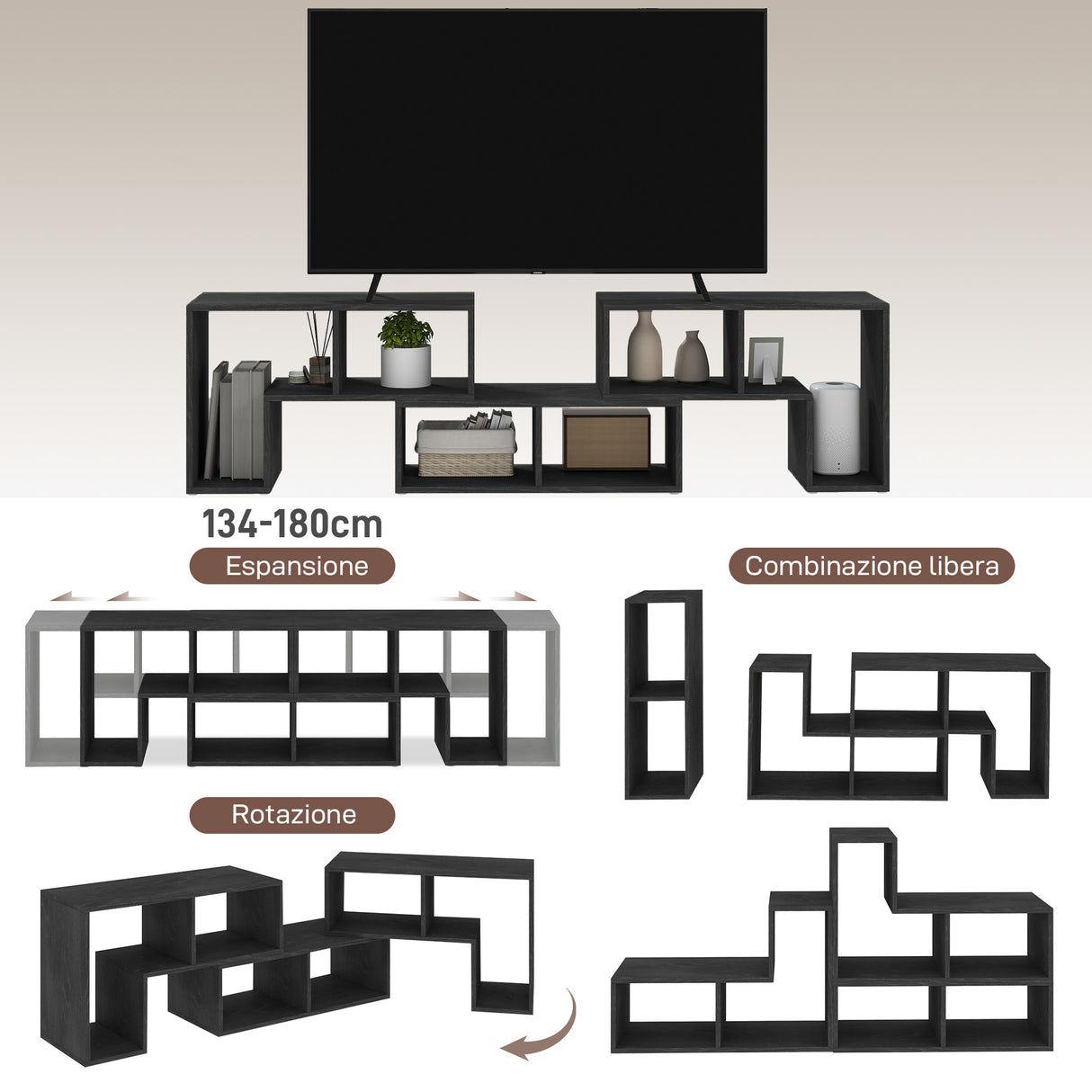 easycomfort easycomfort mobile tv 75 max modulabile con 2 ripiani a l e mensola rettangolare in legno 134 180x30 5x44 cm nero