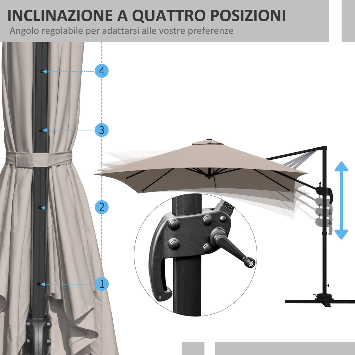 easycomfort easycomfort ombrellone 3x3 m a braccio con 8 stecche pedale e manovella in alluminio e poliestere color khaki
