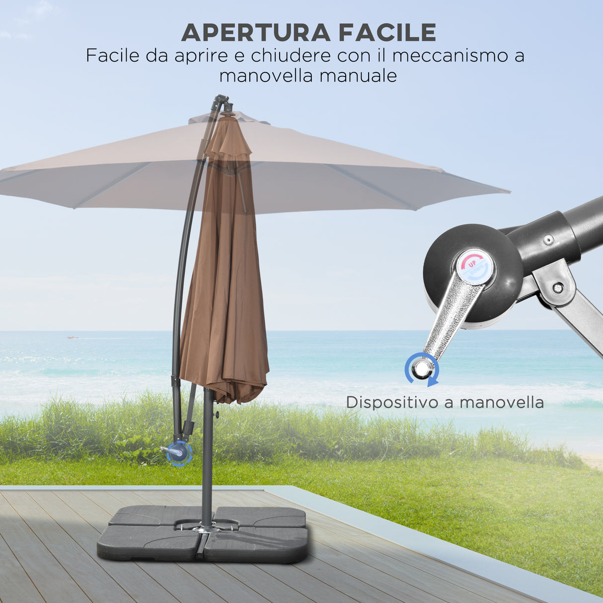 easycomfort easycomfort ombrellone decentrato a 6 stecche con manovella e base a croce in metallo e poliestere 292x247 cm caffe