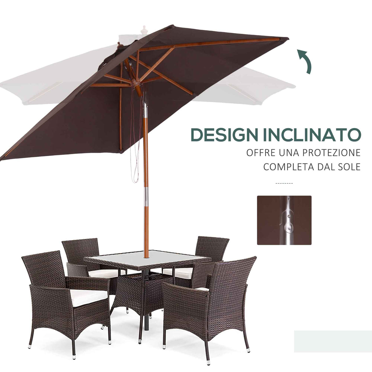 easycomfort easycomfort ombrellone rettangolare inclinabile 2x1 5 m con 6 stecche e apertura a corda in bambu e poliestere caffe
