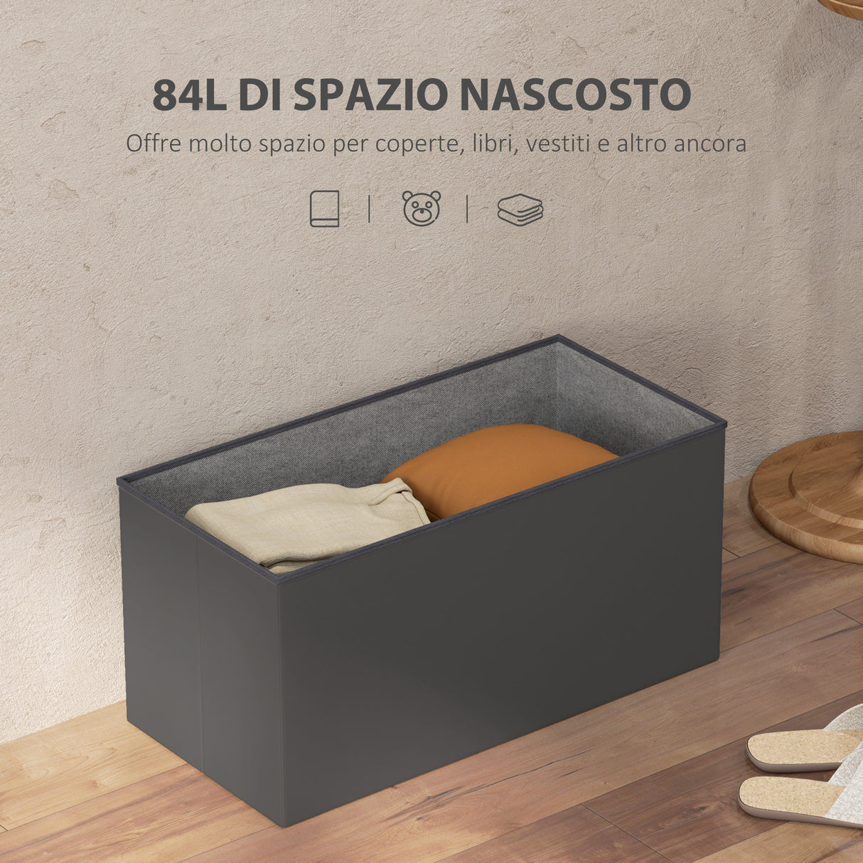 easycomfort easycomfort panca contenitore pieghevole da 84l coperchio imbottito e rivestimento finta pelle 76x38x38cm grigio