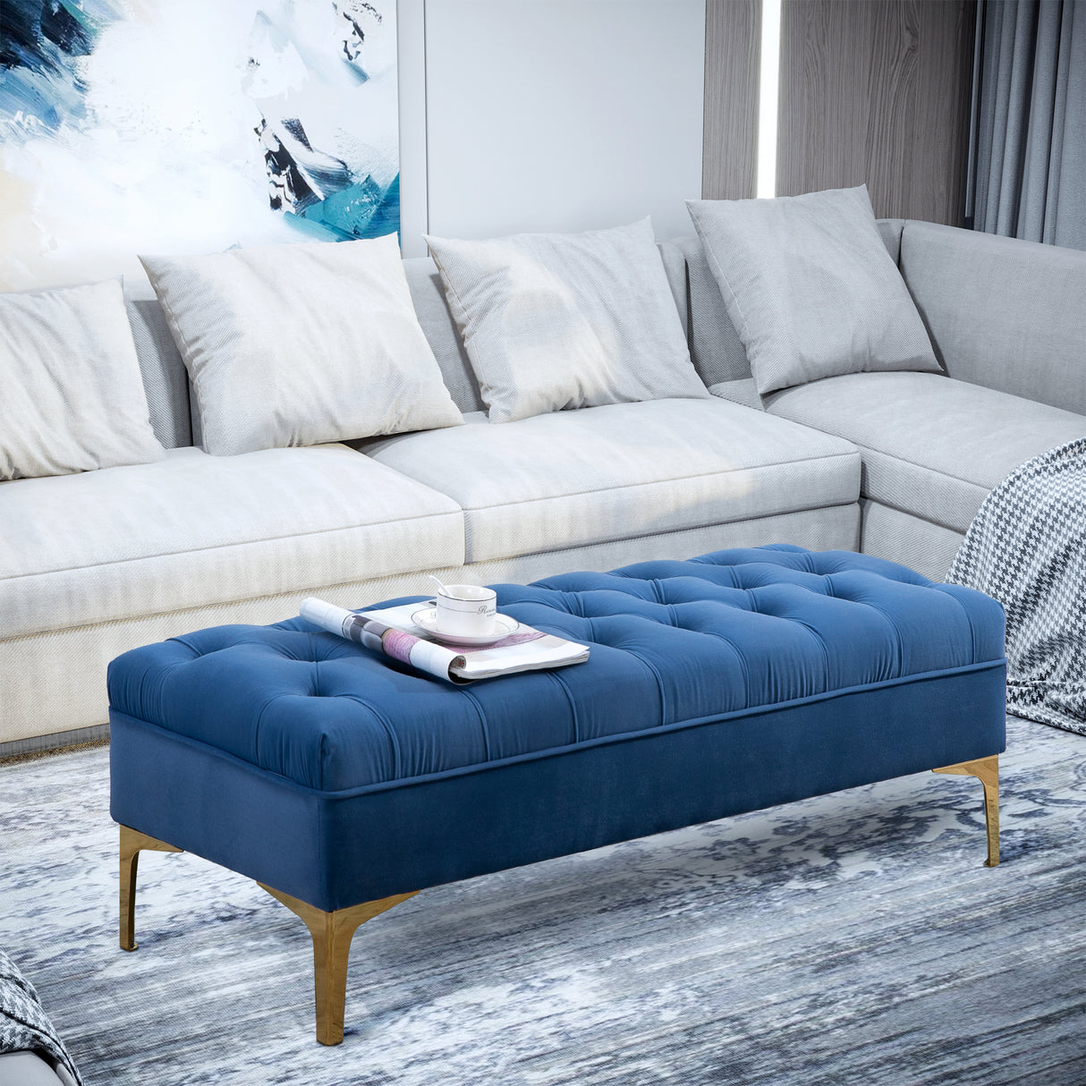 easycomfort easycomfort panca imbottita fondoletto in tessuto vellutato e base in metallo dorato 118x45x42 cm blu