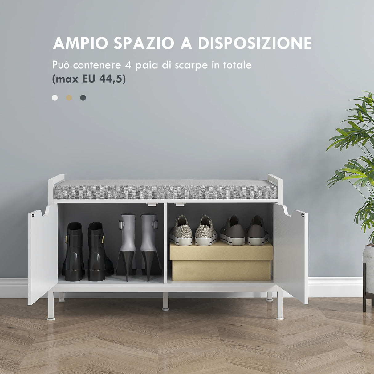 easycomfort easycomfort panca scarpiera a 2 armadietti con cuscino in tessuto effetto lino legno e acciaio 84x35x50 cm bianco