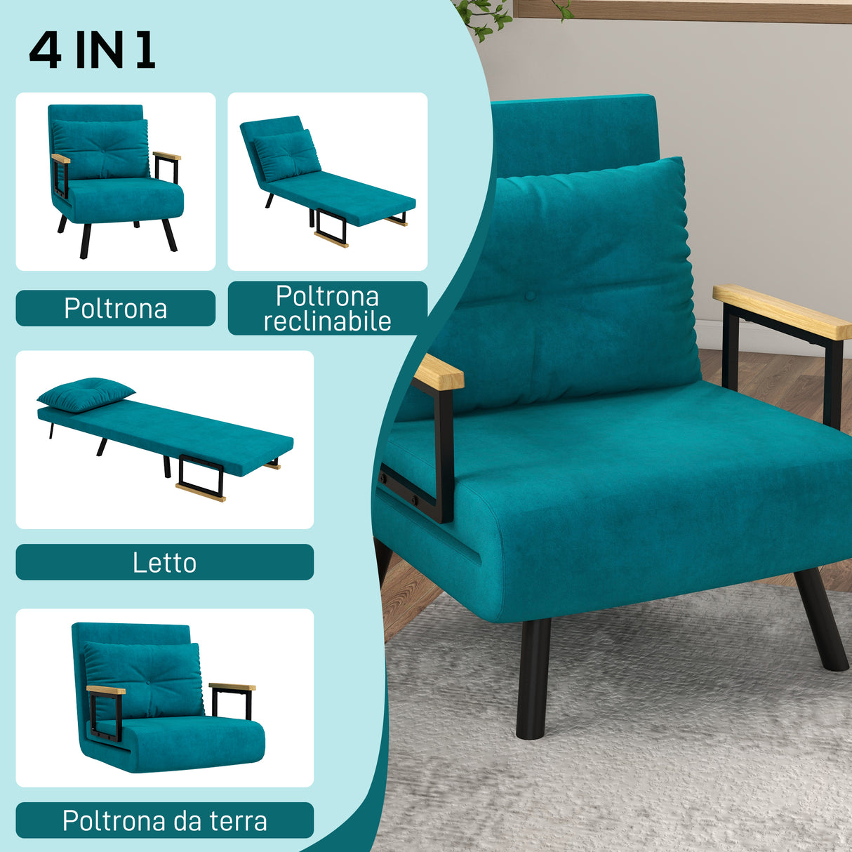 easycomfort easycomfort poltrona letto 3 in 1 con schienale reclinabile in 5 posizioni e cuscino 63x73x81 cm blu scuro