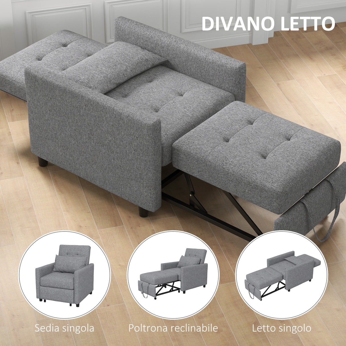 easycomfort easycomfort poltrona letto singolo a 4 ruote con schienale reclinabile e cuscino in tessuto e legno 69x82 5x84 cm grigio